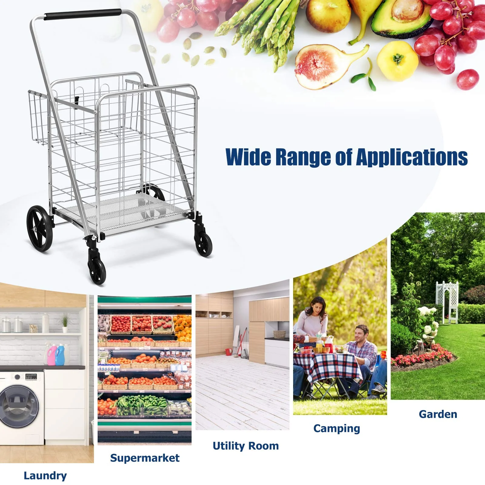 Folding Shopping Cart, Jumbo Double Basket Utility Grocery Cart 330lbs Capacity with 360 degree Rolling Swivel Wheels - Image 10