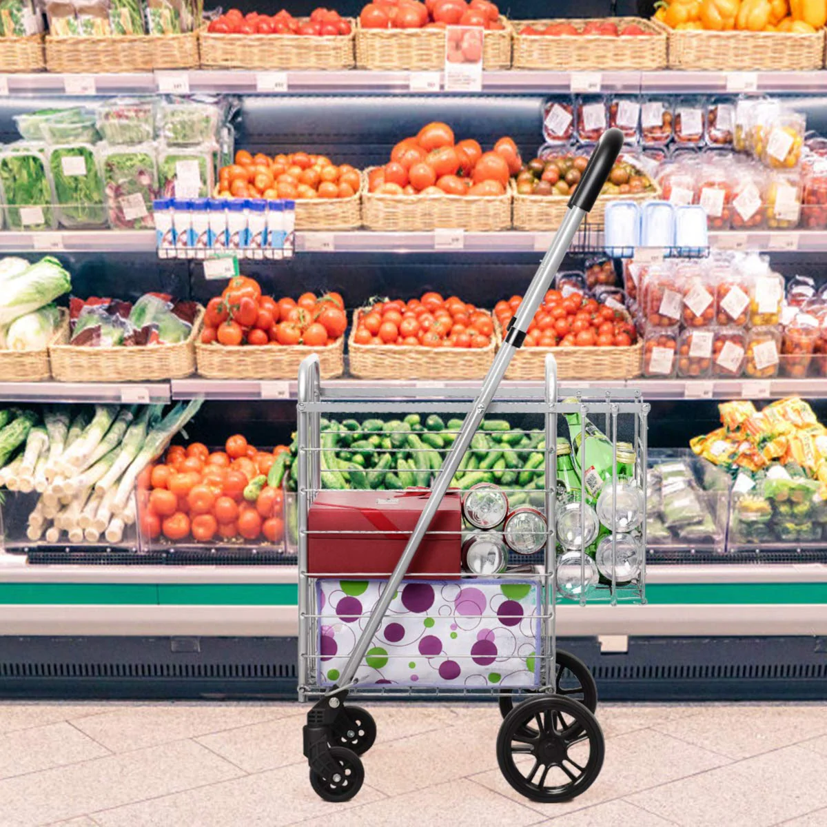 Folding Shopping Utility Cart, Double Basket and 360 Swivel Wheels, Adjustable Handle - Image 3