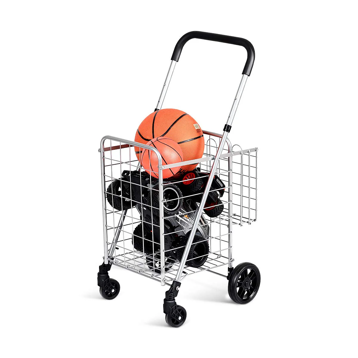 Folding Shopping Utility Cart, Double Basket and 360 Swivel Wheels, Adjustable Handle - Image 4