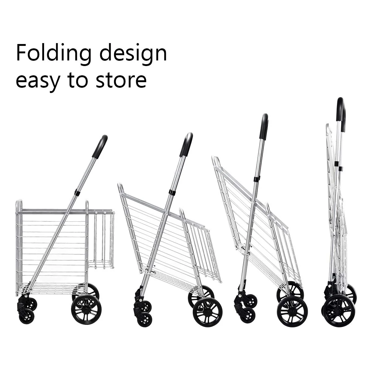 Folding Shopping Utility Cart, Double Basket and 360 Swivel Wheels, Adjustable Handle - Image 5