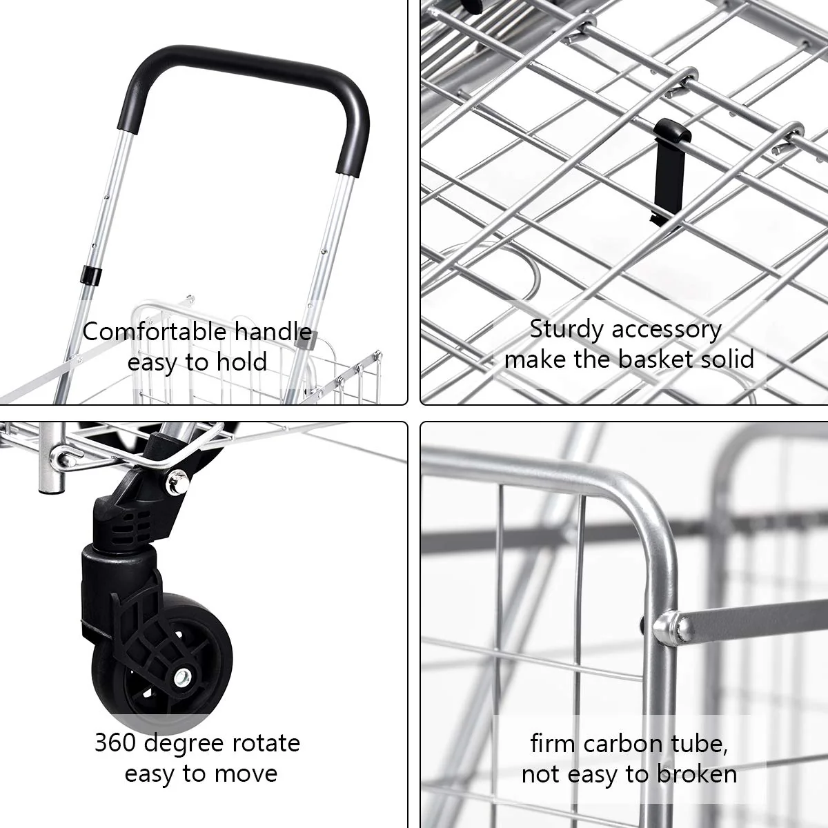 Folding Shopping Utility Cart, Double Basket and 360 Swivel Wheels, Adjustable Handle - Image 6