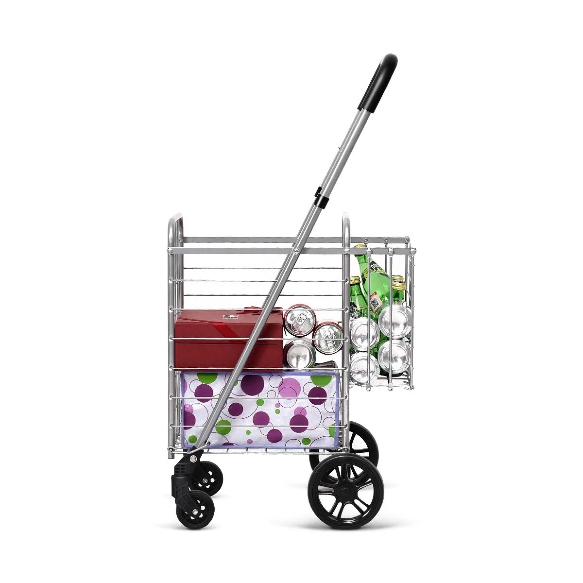 Folding Shopping Utility Cart, Double Basket and 360 Swivel Wheels, Adjustable Handle - Image 8