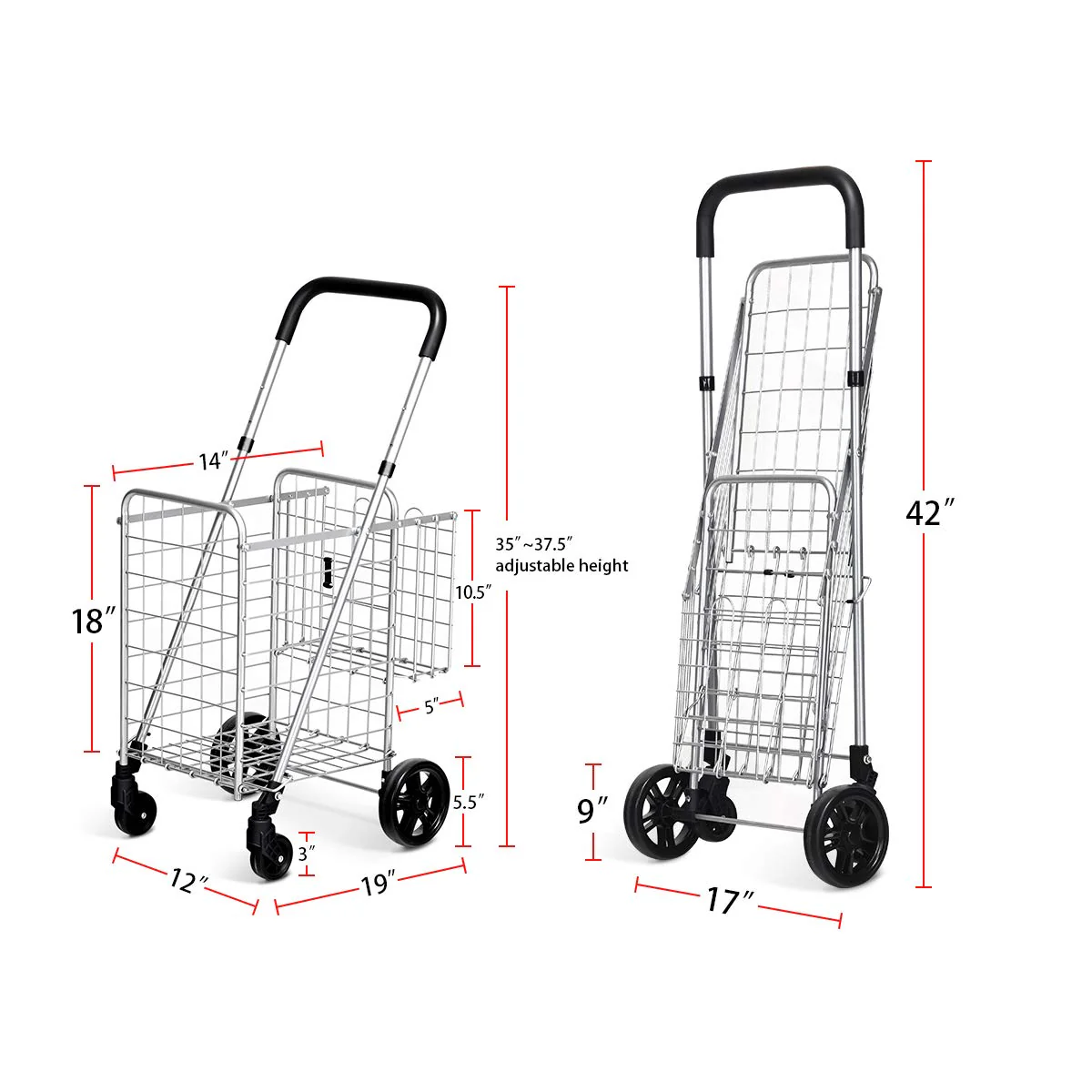 Folding Shopping Utility Cart, Double Basket and 360 Swivel Wheels, Adjustable Handle - Image 9