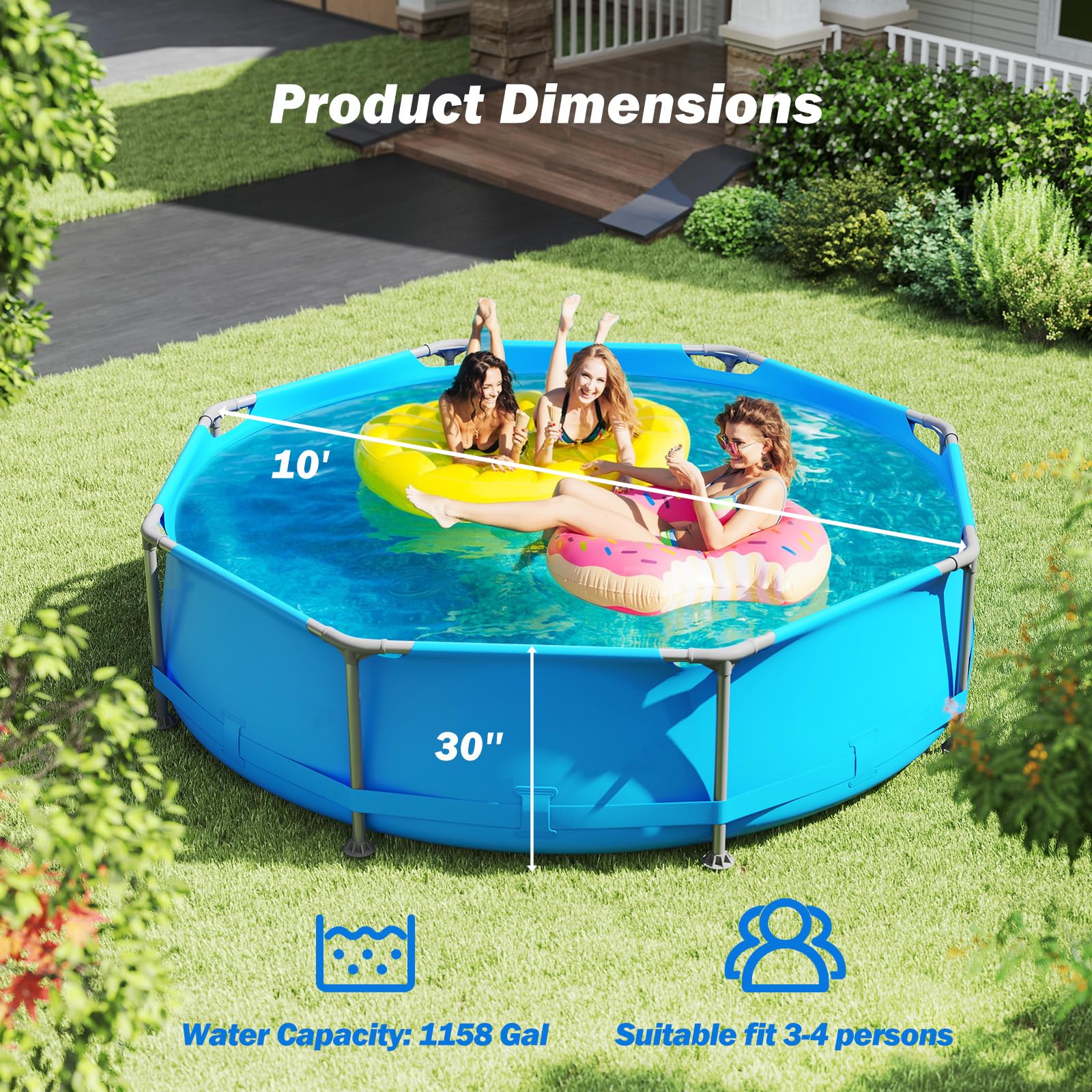 Goplus 10' x 10' x 30'' Metal Frame Family Pool Set w/PVC Fabric & Drainage Valve Connector - Image 6