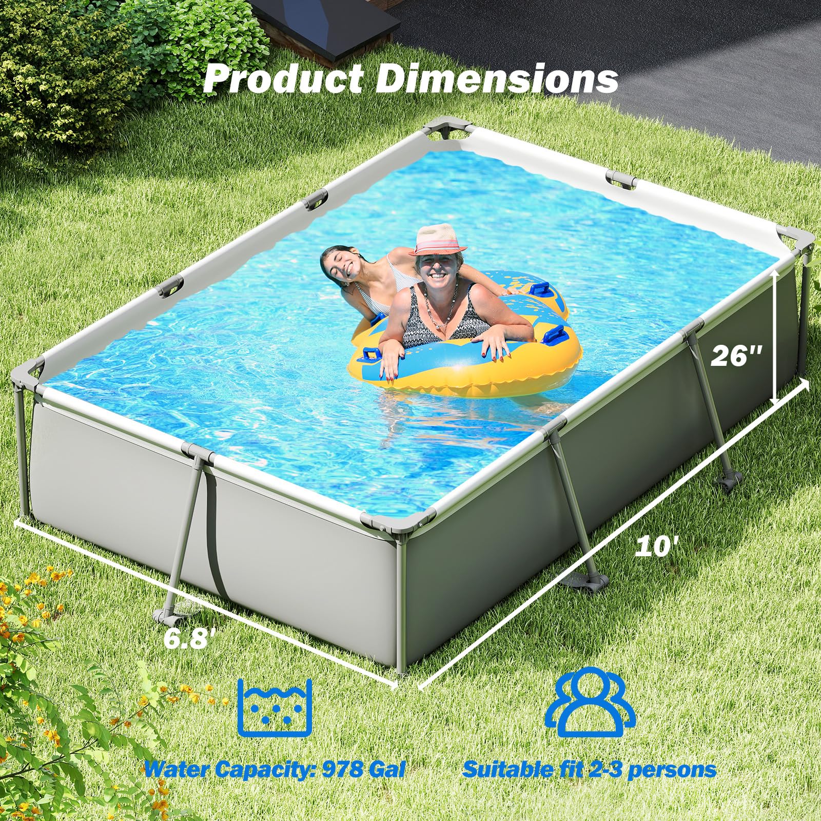 Goplus 10' x 6.8' x 26" Rectangle Metal Frame Above Ground Swimming Pool - Image 6