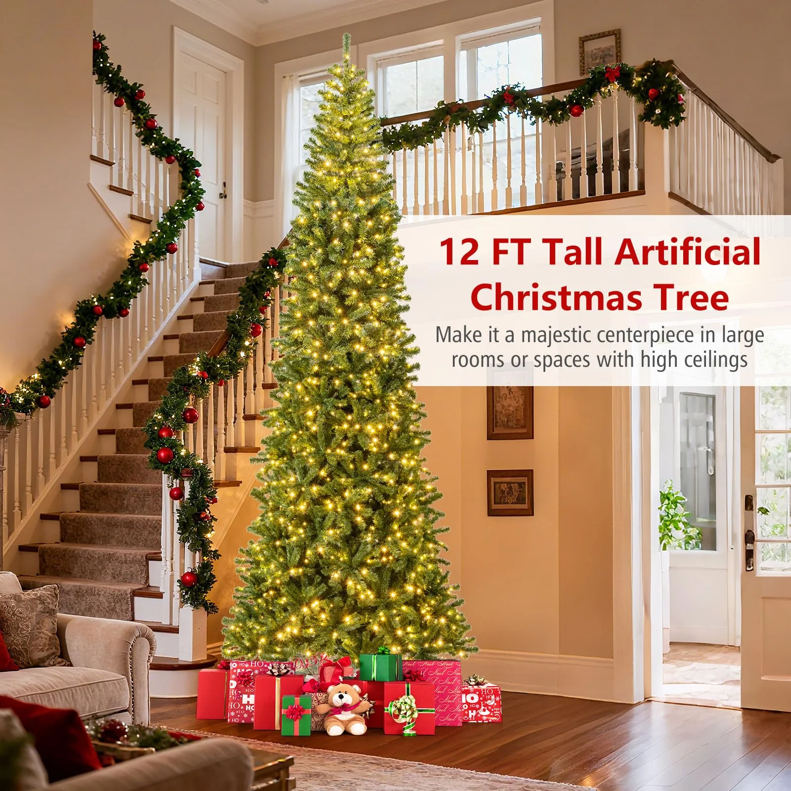 Goplus 12 FT Pre-Lit Artificial Christmas Tree with Quick Power Connector - Image 2