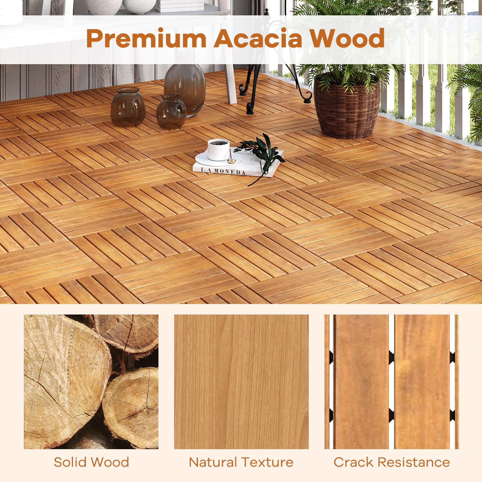 Goplus 12” x 12” Stripe Pattern Acacia Wood Patio Tiles ( 27 PCS ) - Image 4