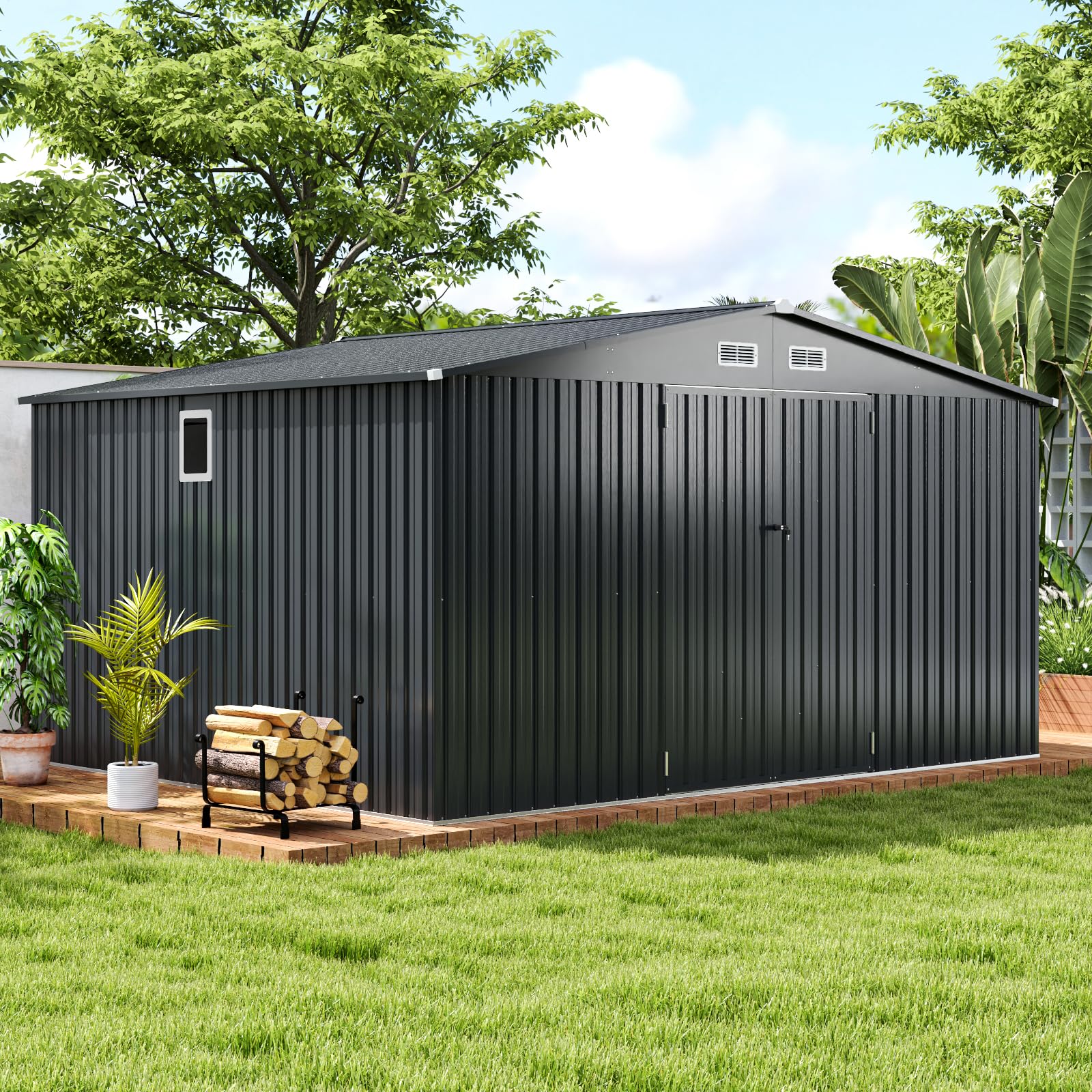 Goplus 12 x 9.8 FT Outdoor Storage Shed, All-Weather & Rustproof Galvanized Metal Utility Tool Shed w/Lockable Door, Pitched Roof - Image 2