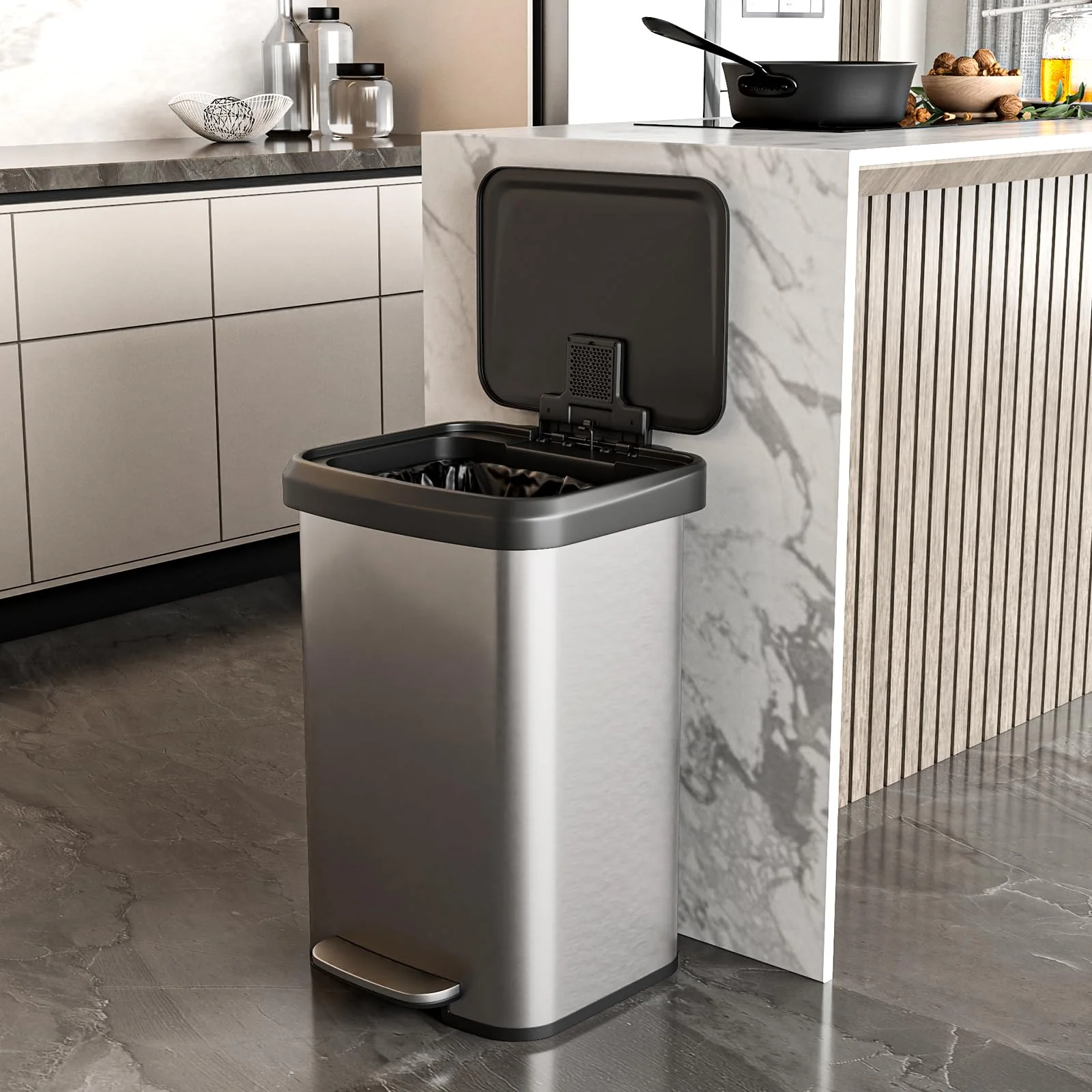 Goplus 13 Gallon/50 L Stainless Steel Trash Can w/Soft-Close Lid, Foot Pedal & Deodorizer Compartment - Image 11