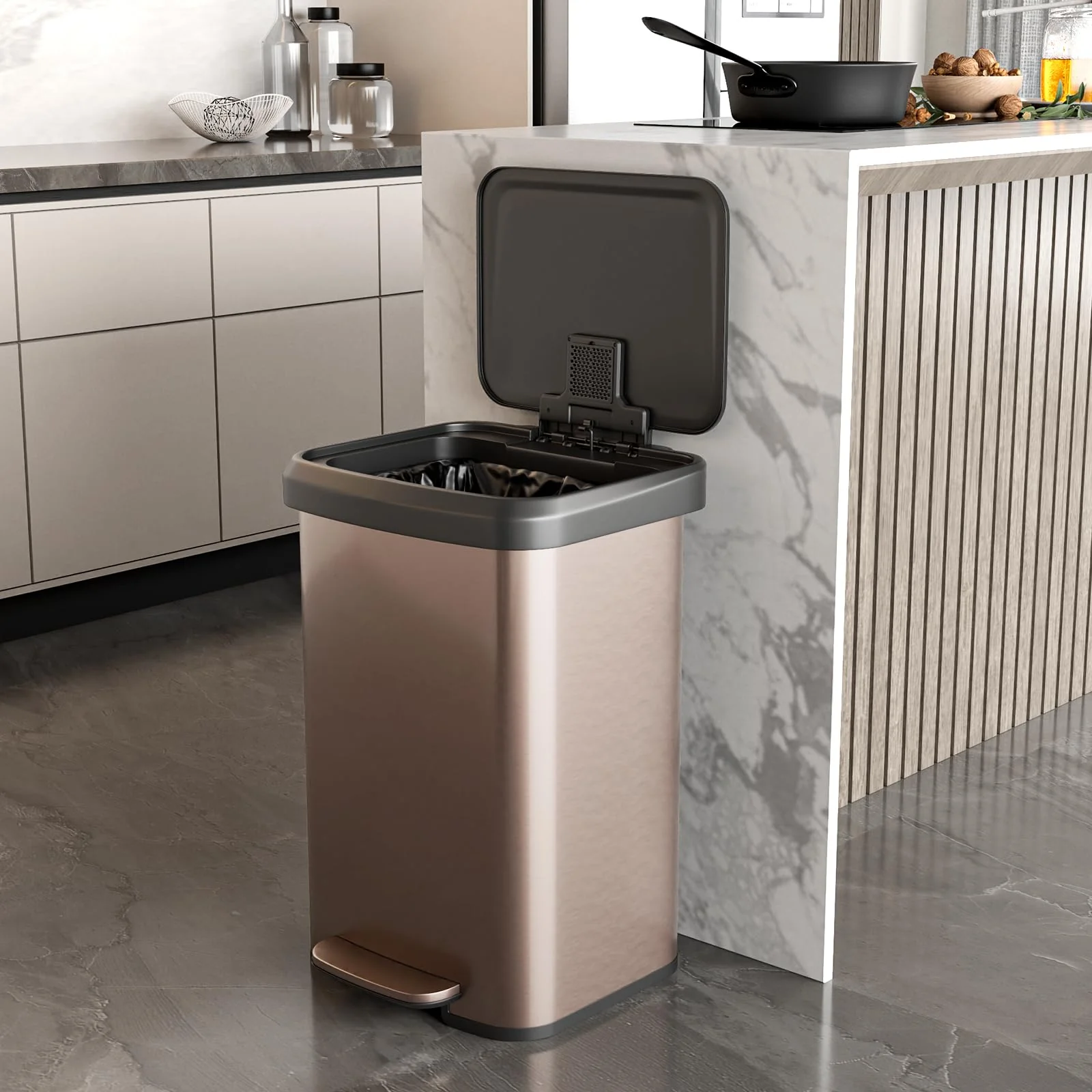 Goplus 13 Gallon/50 L Stainless Steel Trash Can w/Soft-Close Lid, Foot Pedal & Deodorizer Compartment - Image 2