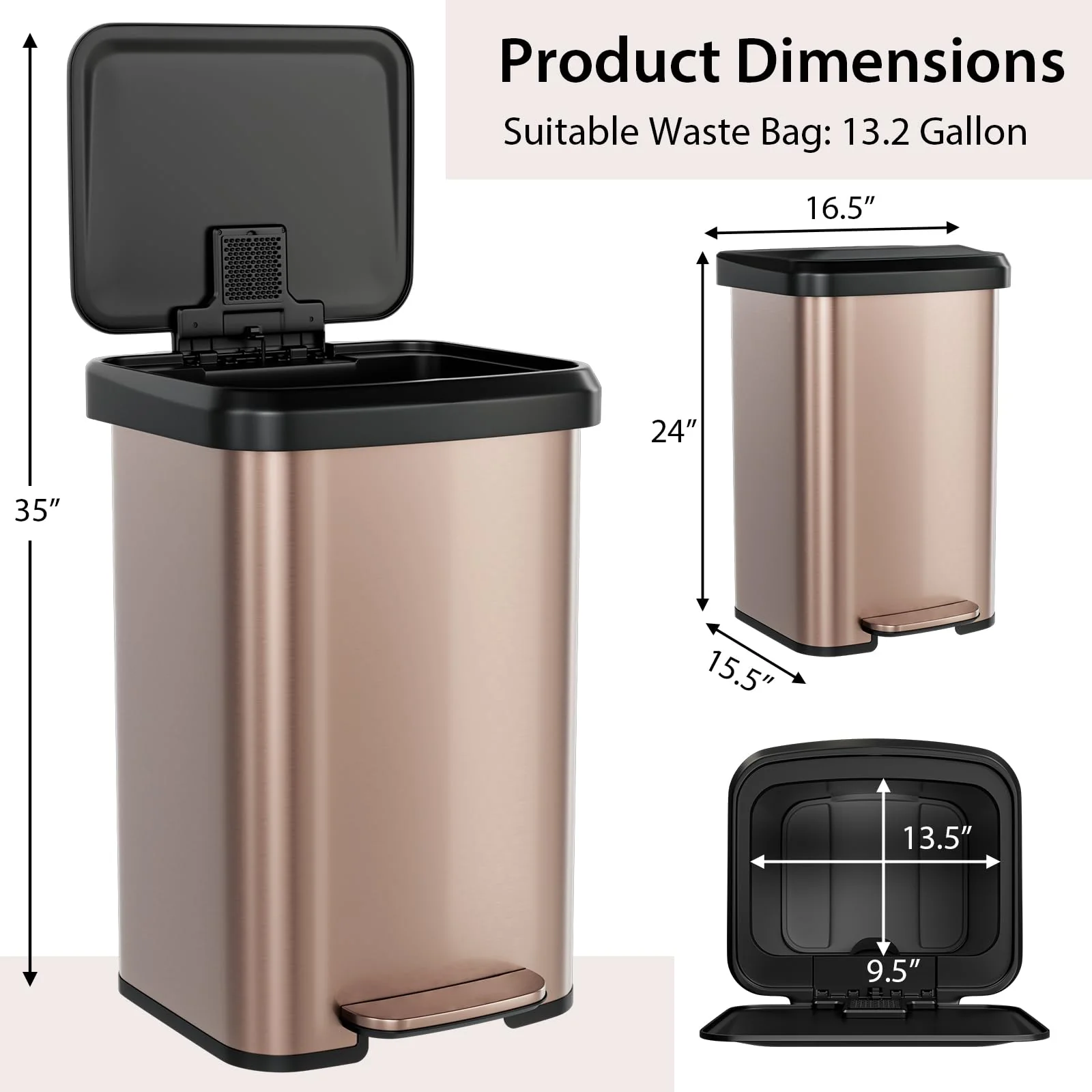Goplus 13 Gallon/50 L Stainless Steel Trash Can w/Soft-Close Lid, Foot Pedal & Deodorizer Compartment - Image 7