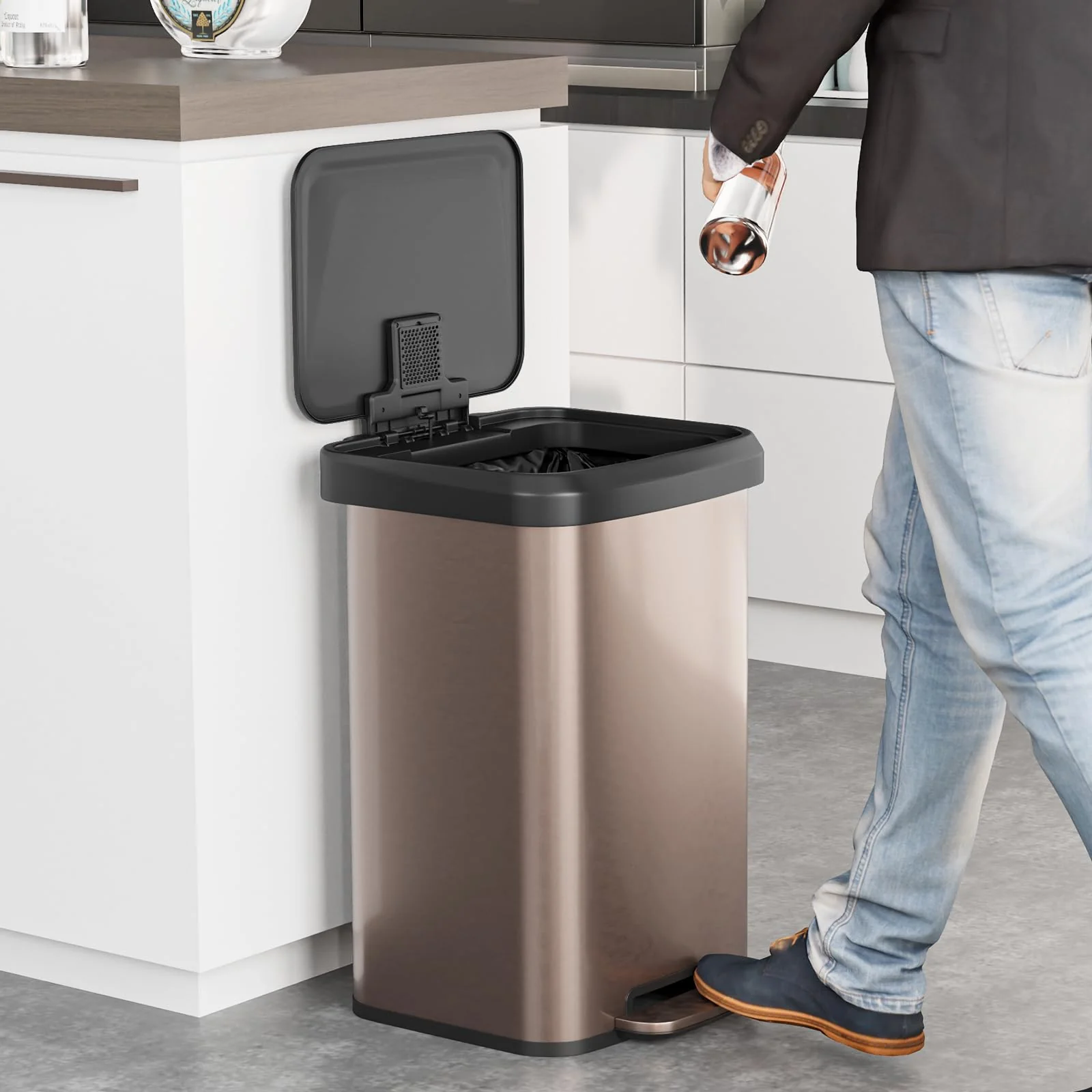 Goplus 13 Gallon/50 L Stainless Steel Trash Can w/Soft-Close Lid, Foot Pedal & Deodorizer Compartment - Image 8