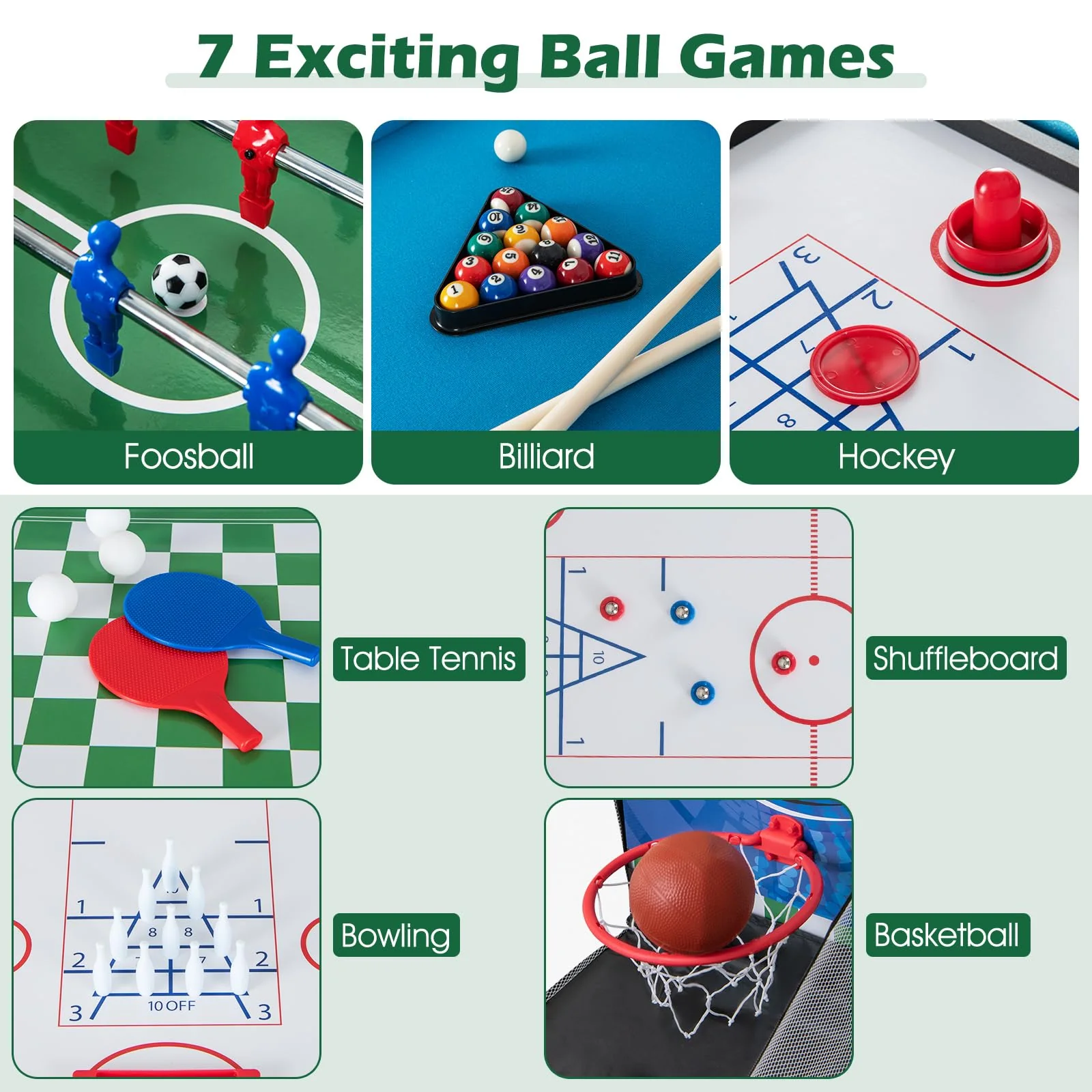 Goplus 14-in-1 Multi Game Table, Combo Game Table w/Foosball, Air Hockey, Pool, Table Tennis, Basketball, Chess, Checkers, Bowling, Shuffleboard - Image 2