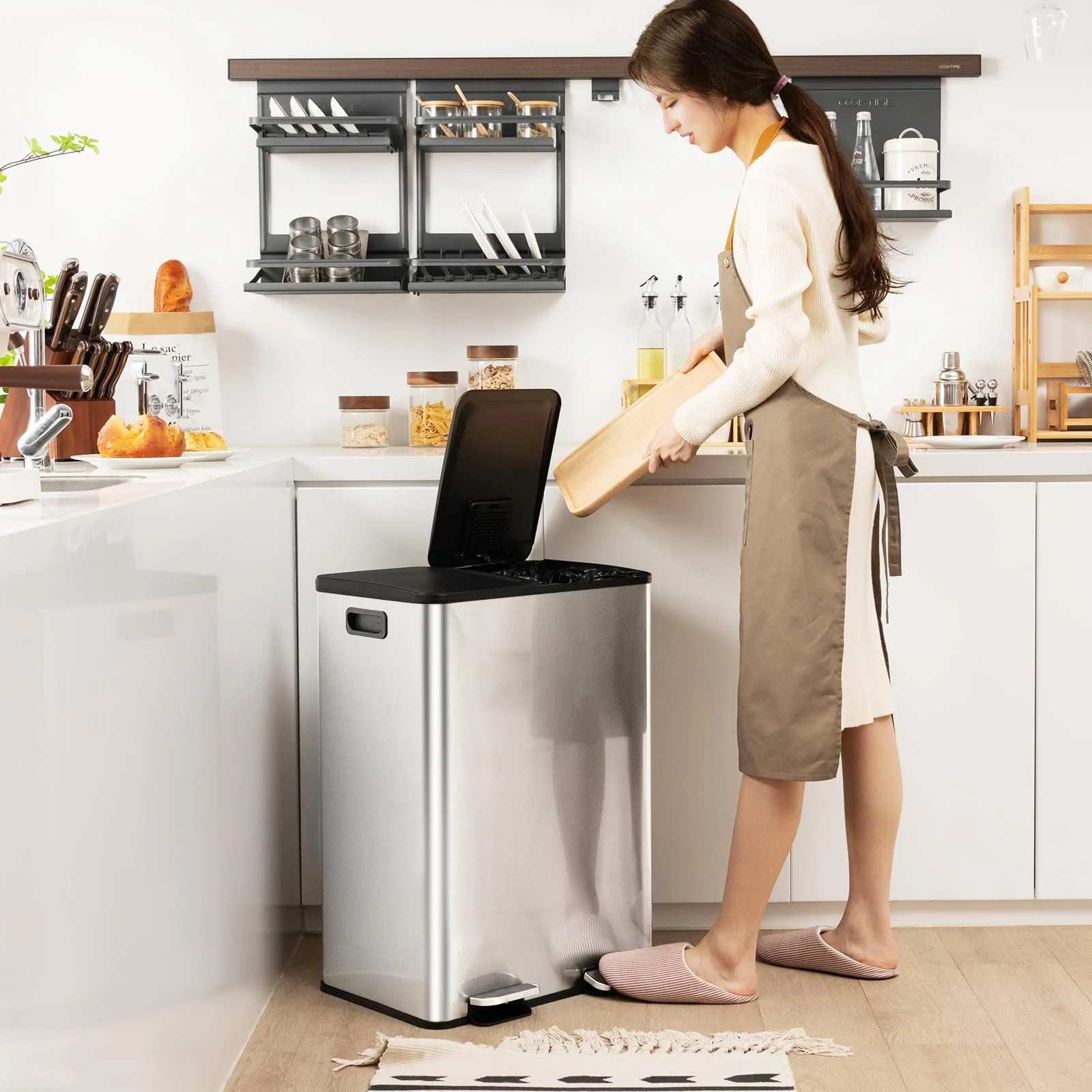 Goplus 16 Gallon/ (2x30L) Stainless Steel Trash Can, Kitchen Trash Bin - Image 7