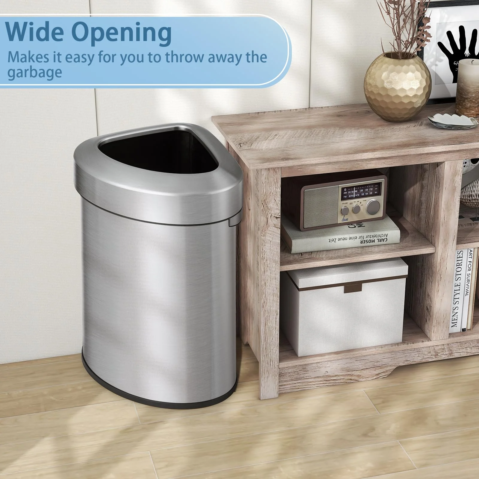 Goplus 16 Gallon/60L Stainless Steel Corner Trash Can, Triangular Rubbish Trash Bin with Lid - Image 5