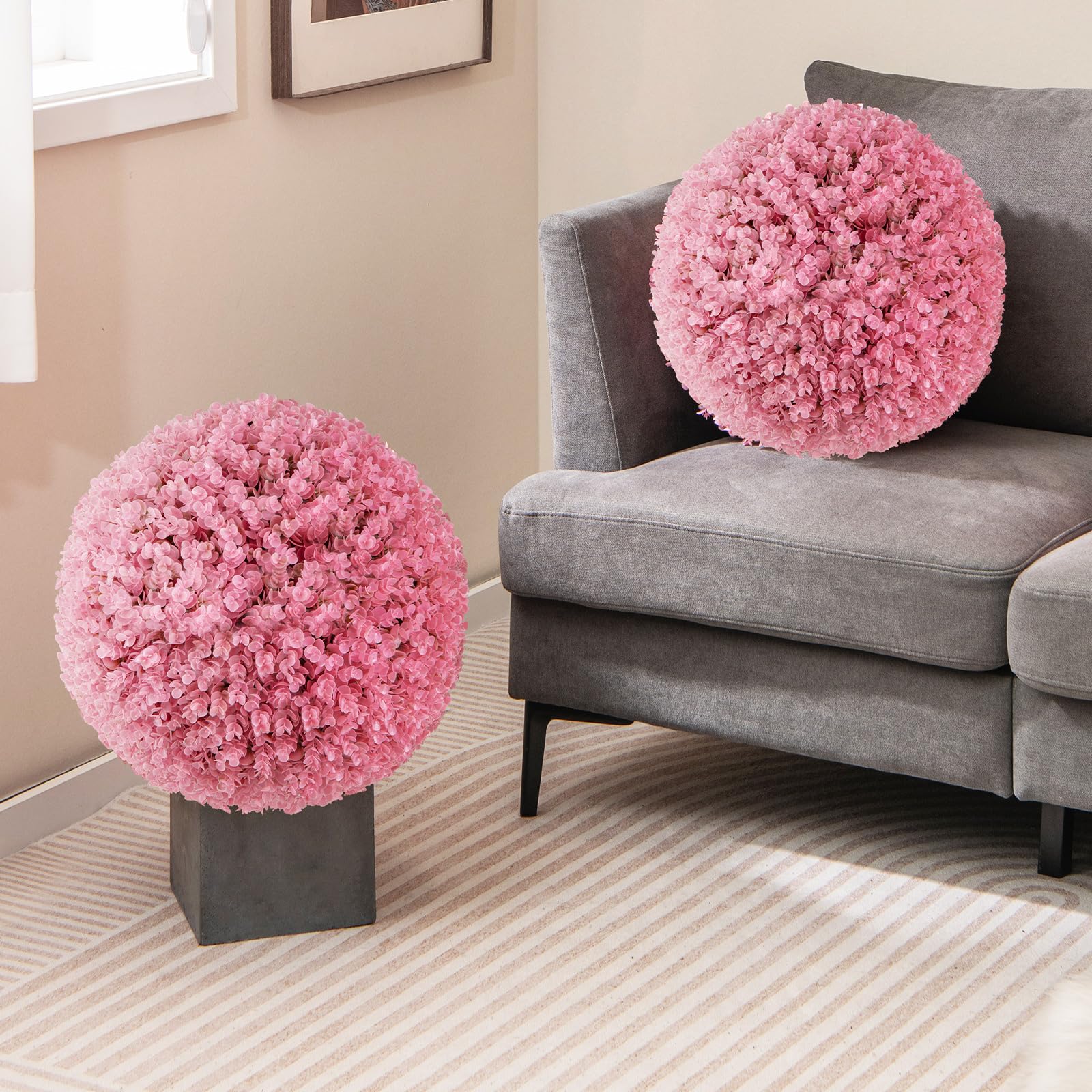 Goplus 17.5 Inch Topiary Balls Artificial Outdoor Set of 2, Faux Pink Eucalyptus Decorative Balls - Image 2