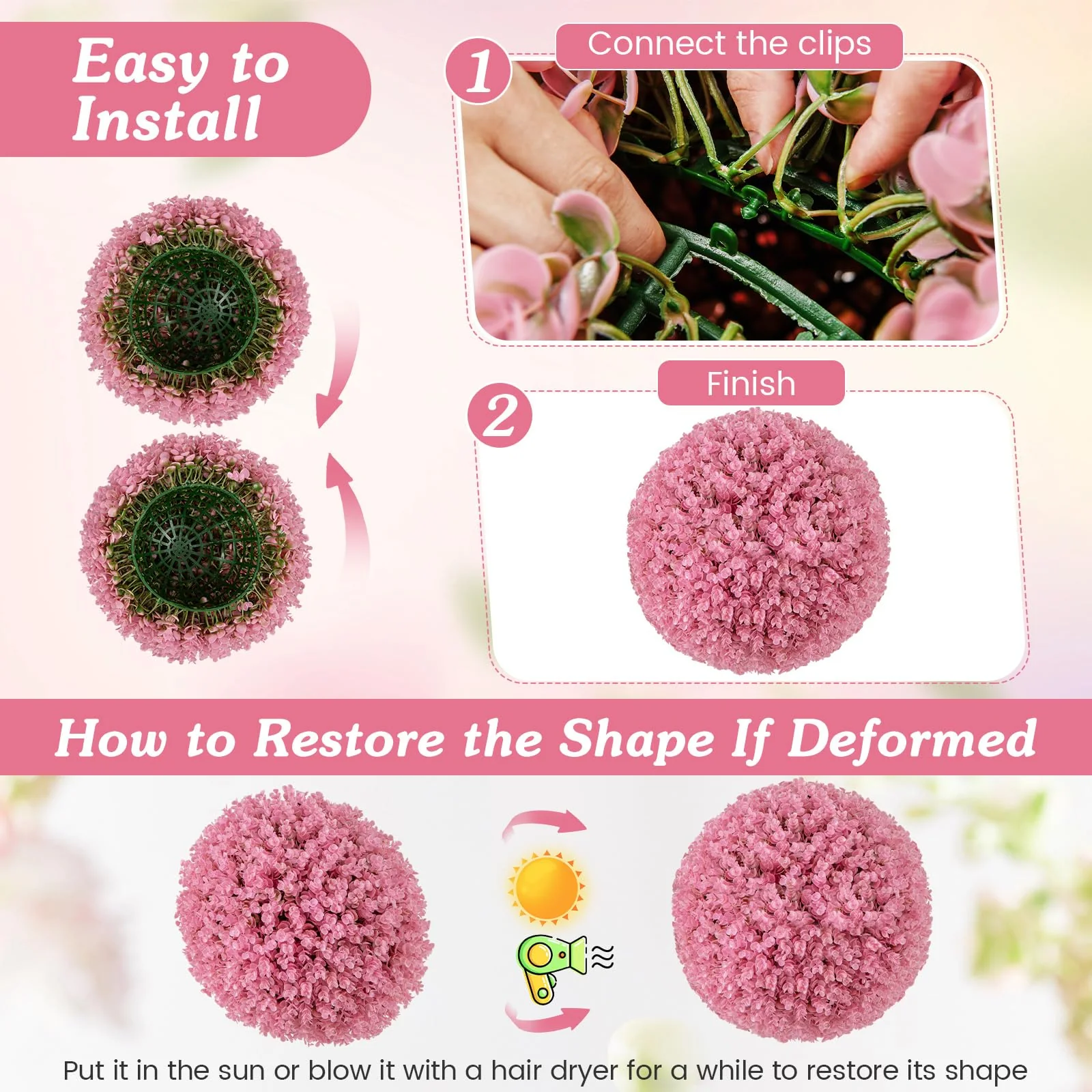 Goplus 17.5 Inch Topiary Balls Artificial Outdoor Set of 2, Faux Pink Eucalyptus Decorative Balls - Image 4