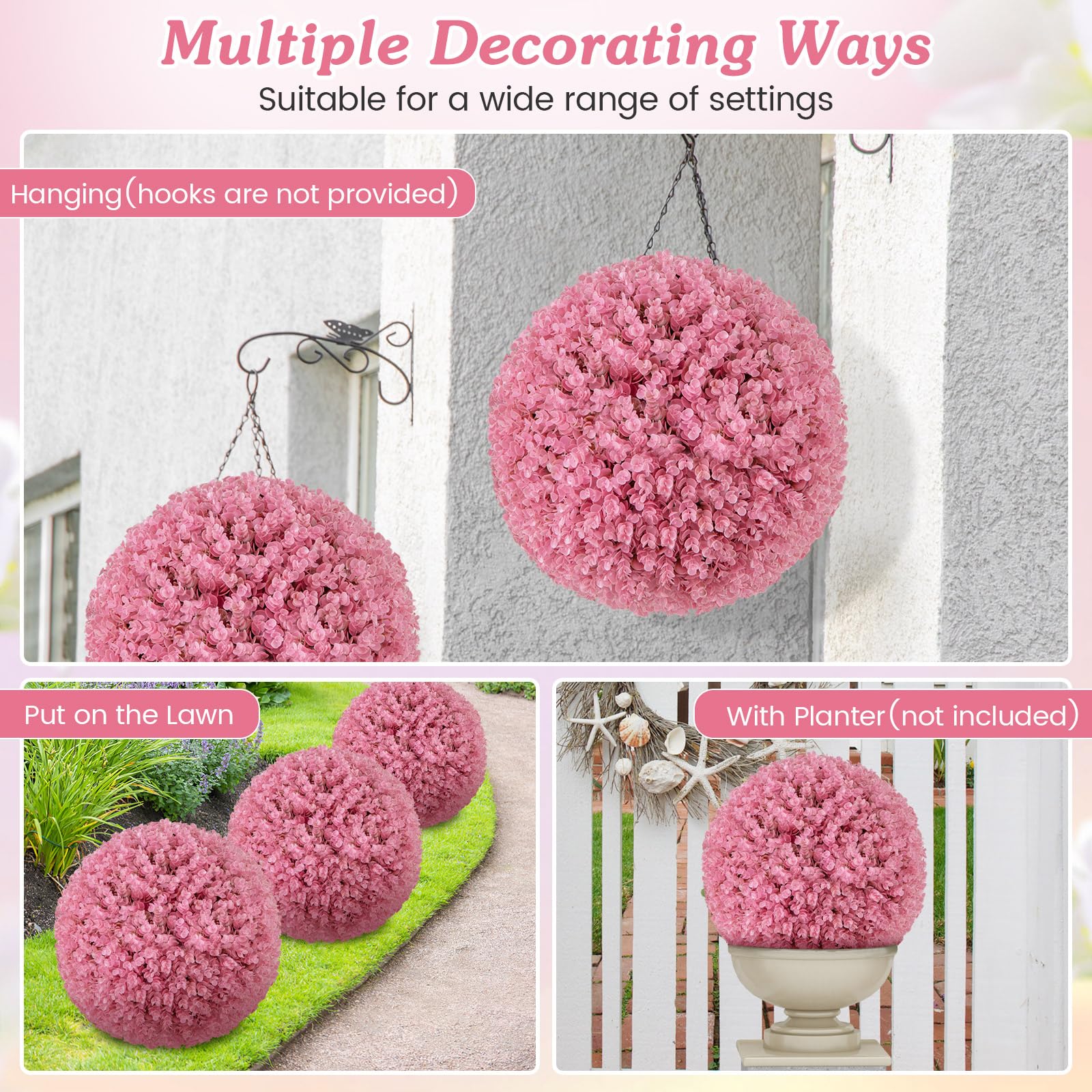 Goplus 17.5 Inch Topiary Balls Artificial Outdoor Set of 2, Faux Pink Eucalyptus Decorative Balls - Image 5