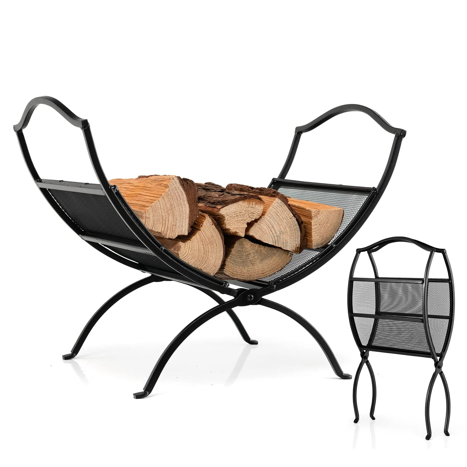 Goplus 19 Folding Firewood Rack, Portable Fireplace Log Rack w/ Convenient Handle, Heavy-Duty Steel Frame