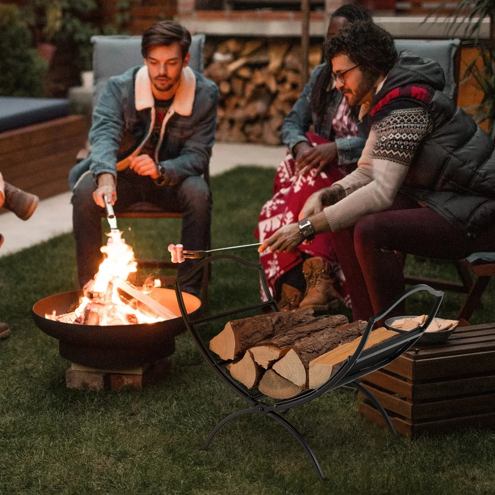 Goplus 19 Folding Firewood Rack, Portable Fireplace Log Rack w/ Convenient Handle, Heavy-Duty Steel Frame - Image 4
