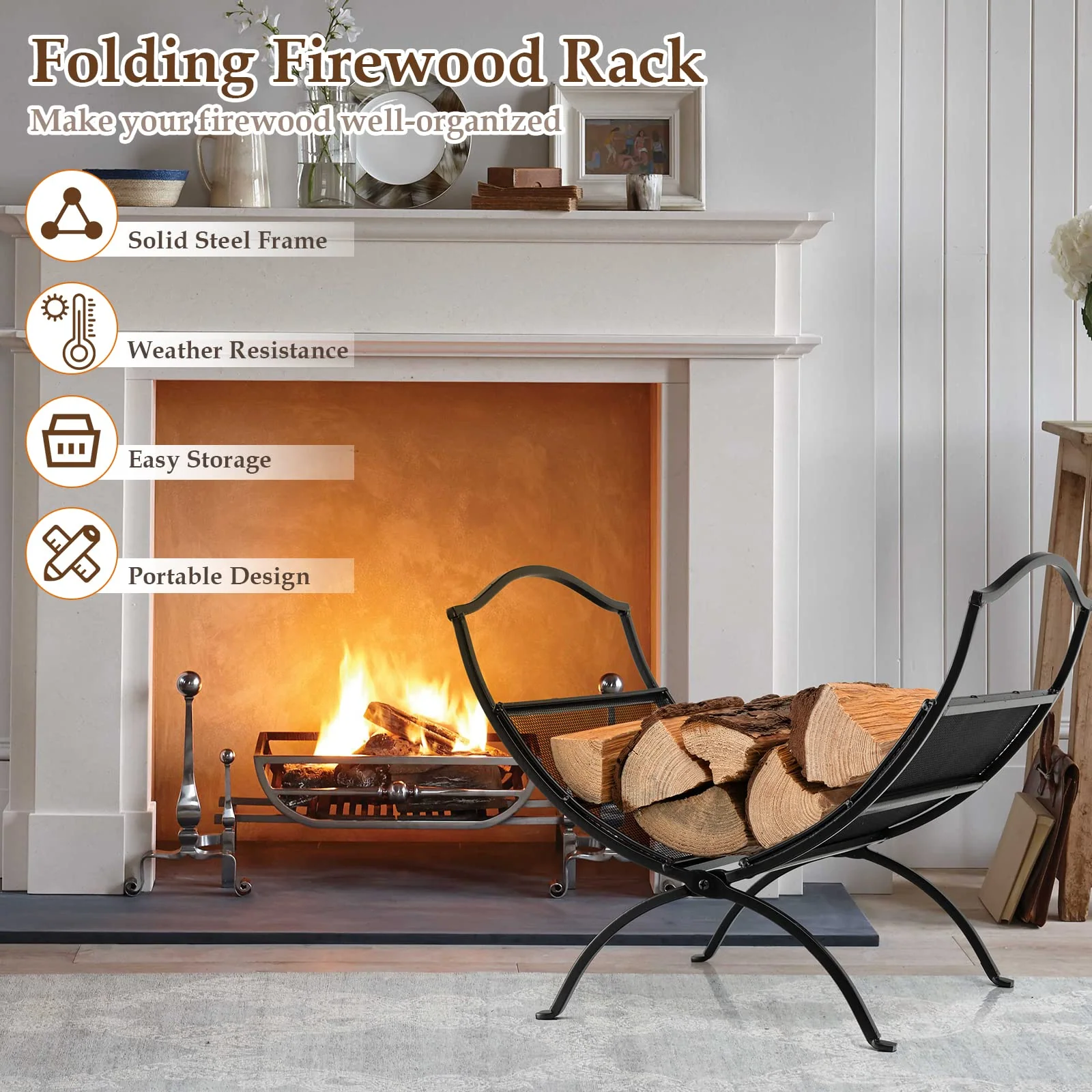 Goplus 19 Folding Firewood Rack, Portable Fireplace Log Rack w/ Convenient Handle, Heavy-Duty Steel Frame - Image 5