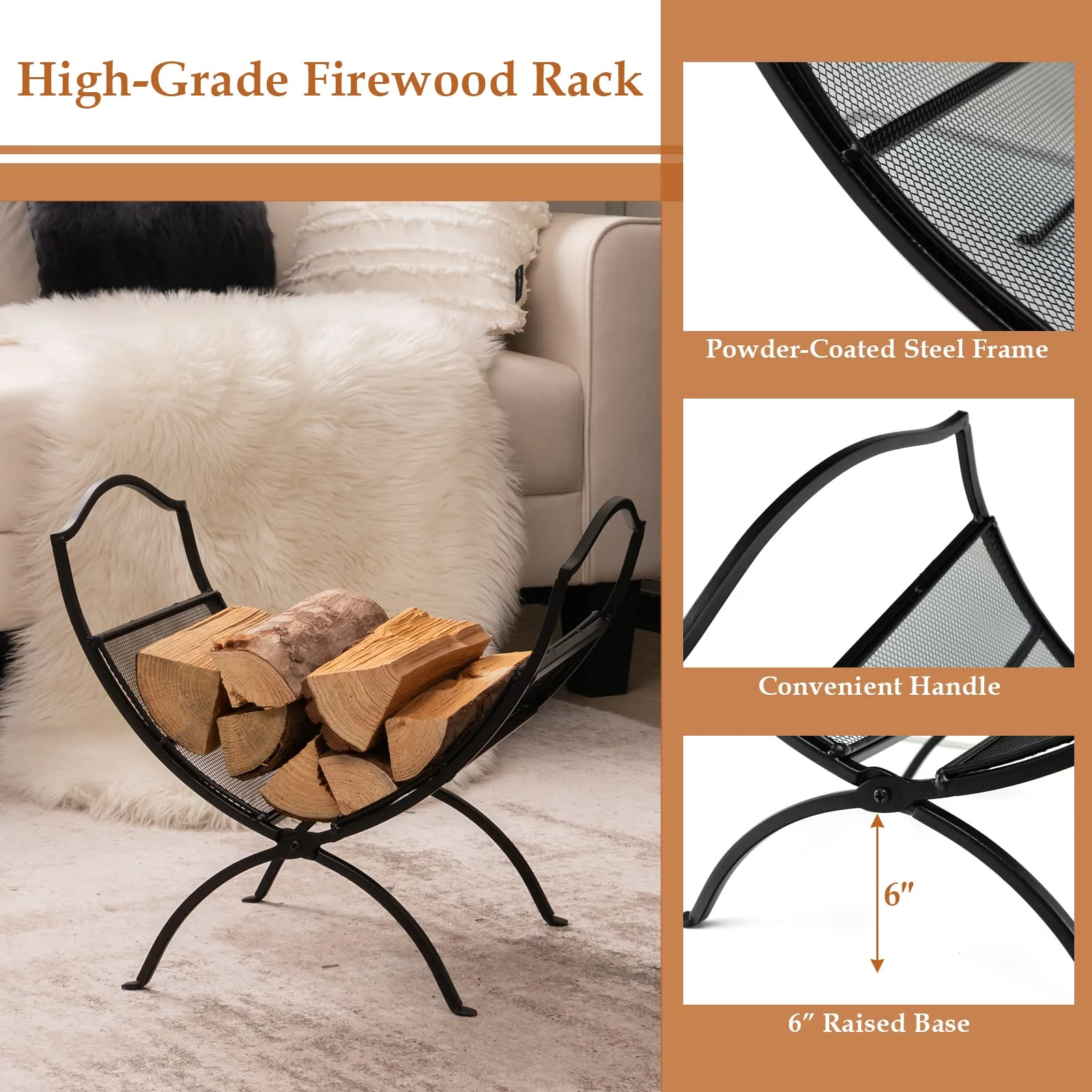 Goplus 19 Folding Firewood Rack, Portable Fireplace Log Rack w/ Convenient Handle, Heavy-Duty Steel Frame - Image 7