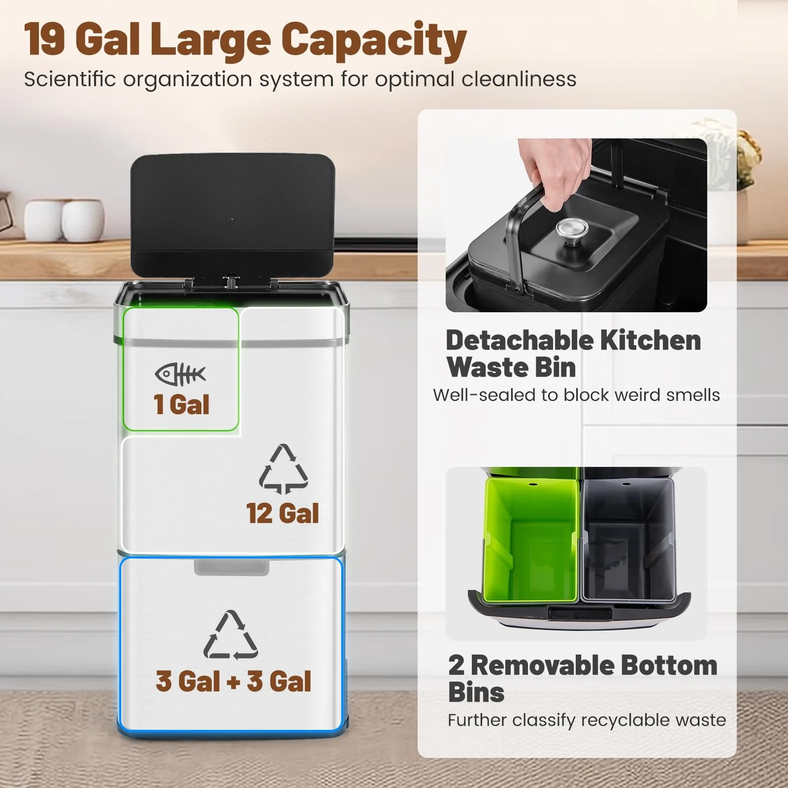 Goplus 19 Gal Stainless Steel Trash Can, 72 L Volume in 4 Containers, Motion Sensor Trash Bin - Image 3