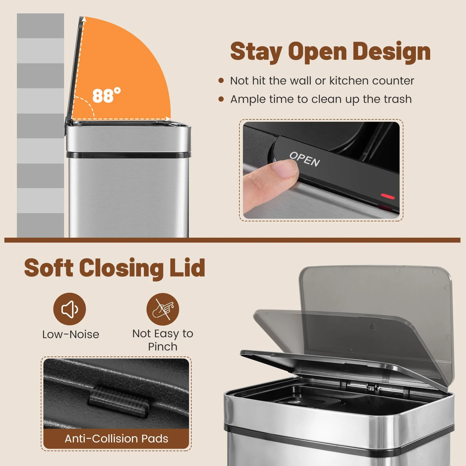 Goplus 19 Gal Stainless Steel Trash Can, 72 L Volume in 4 Containers, Motion Sensor Trash Bin - Image 6