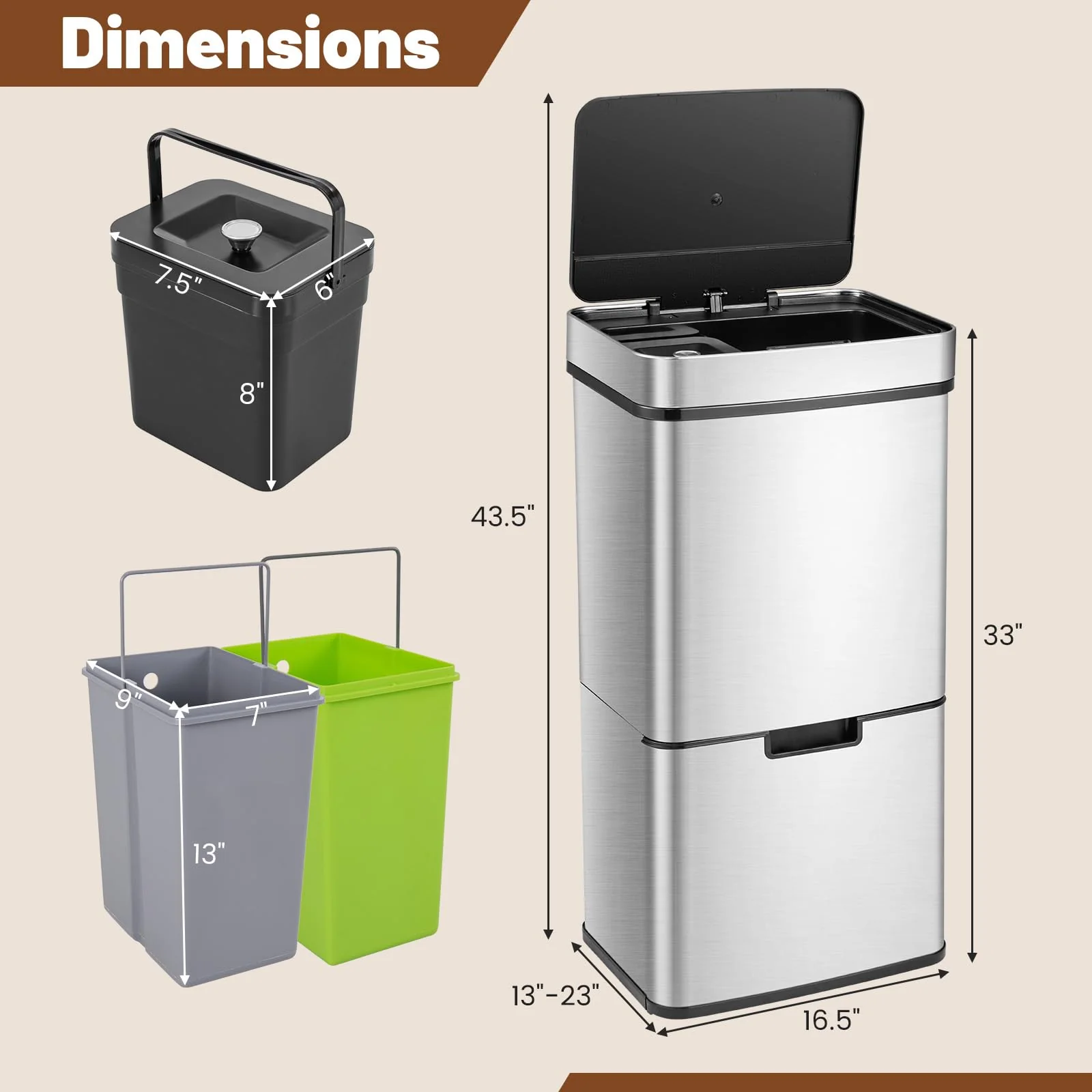 Goplus 19 Gal Stainless Steel Trash Can, 72 L Volume in 4 Containers, Motion Sensor Trash Bin - Image 7