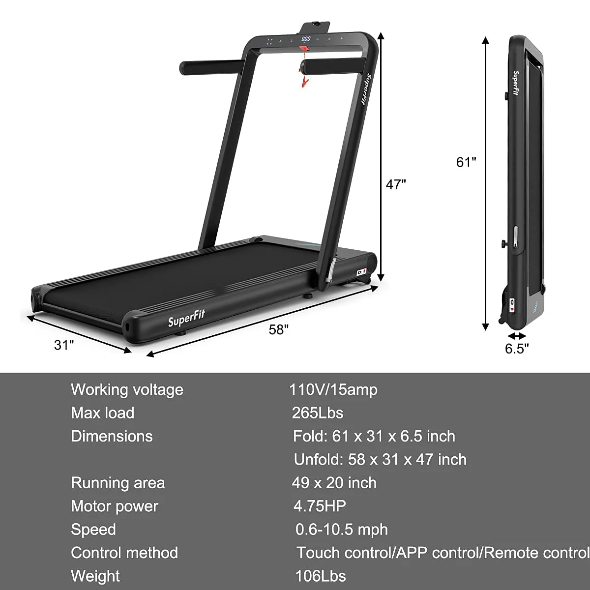 Goplus 2 in 1 Folding Treadmill, 4.75HP Superfit Under Desk Electric Treadmill with APP Control - Image 9