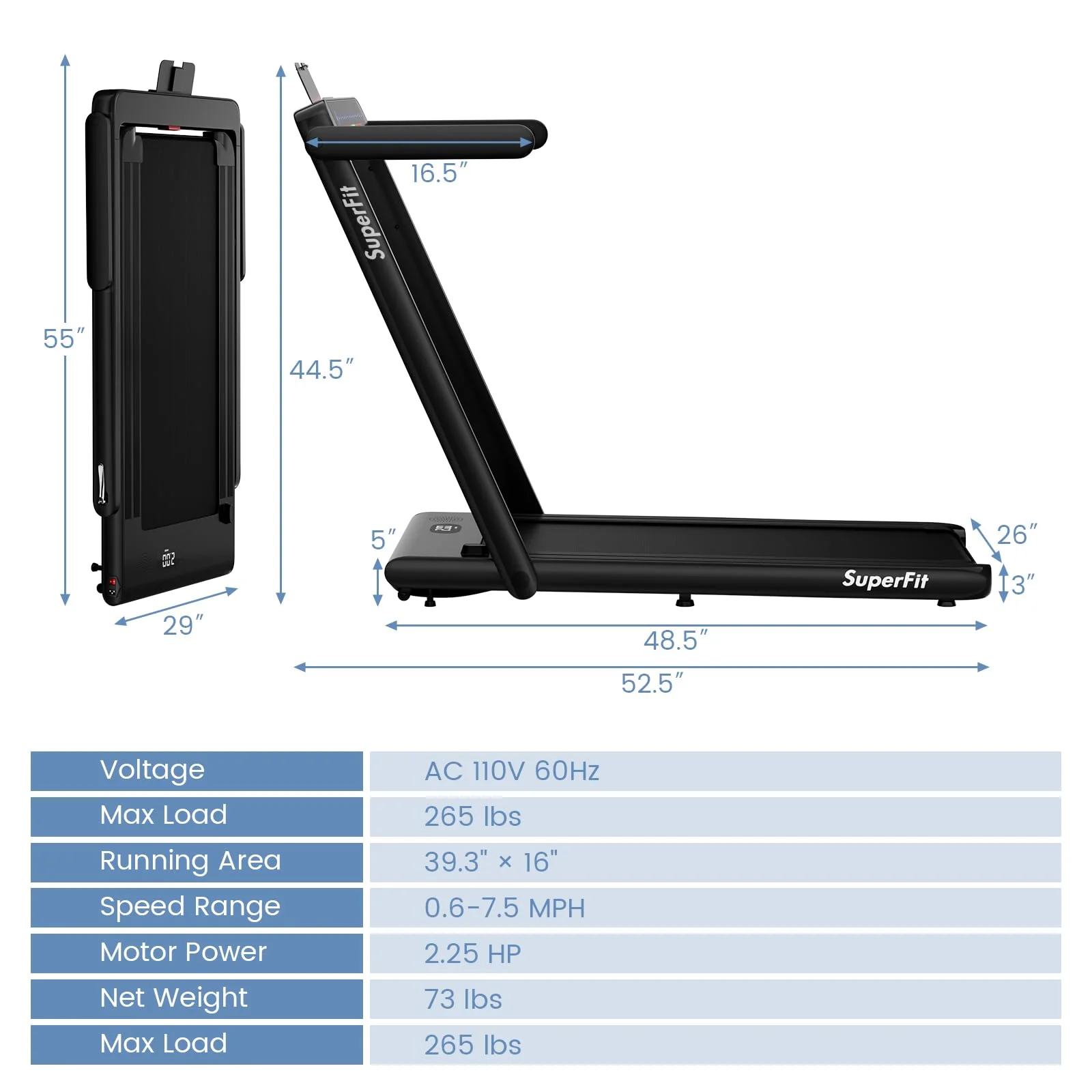 Goplus 2 in 1 Under Desk Treadmill, 2.25HP Superfit Folding Treadmill with Touch Panel Control, Treadmills for Home Office - Image 9