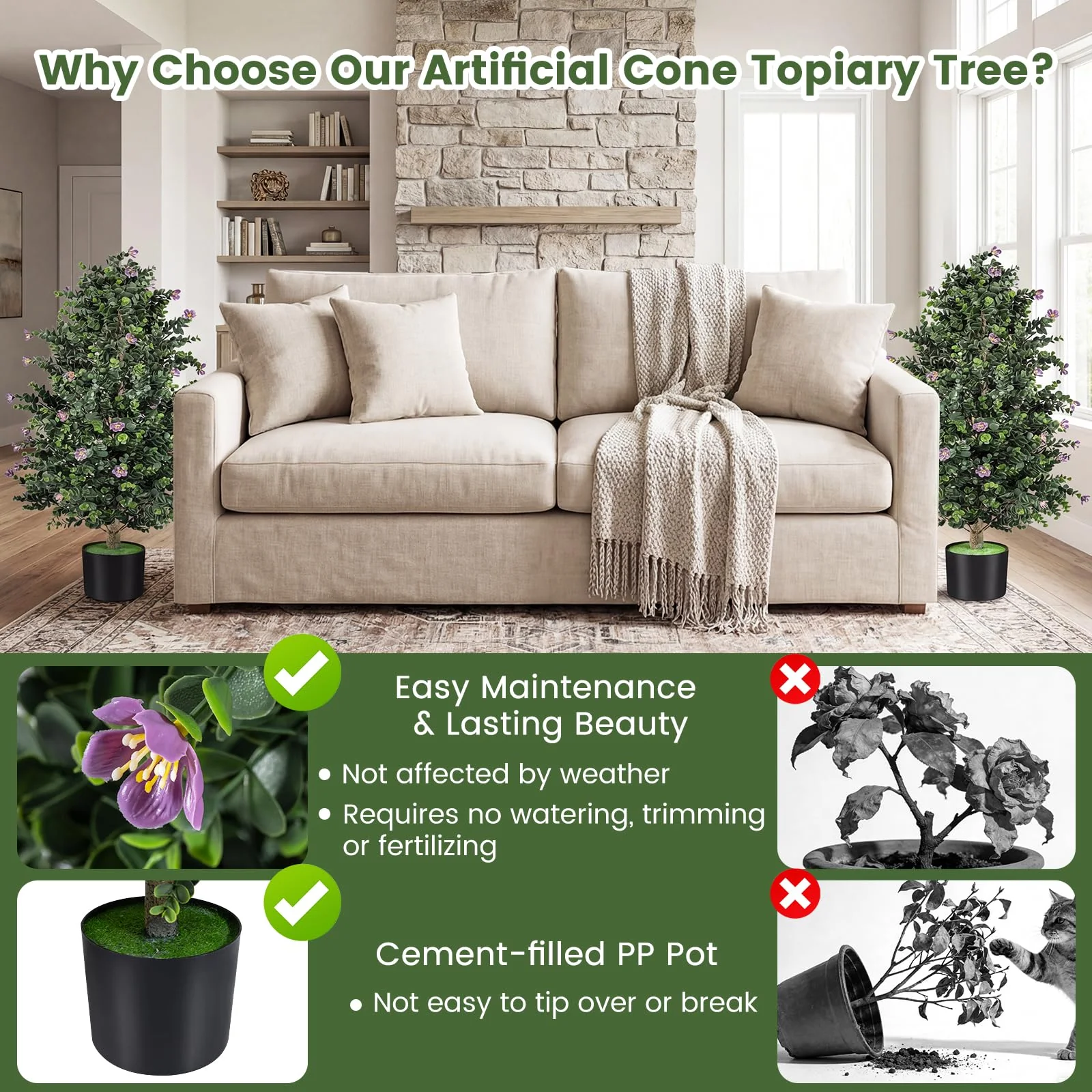 Goplus 2 Pack 36" Artificial Topiary Cone Tree w/49 Flowers - Image 5