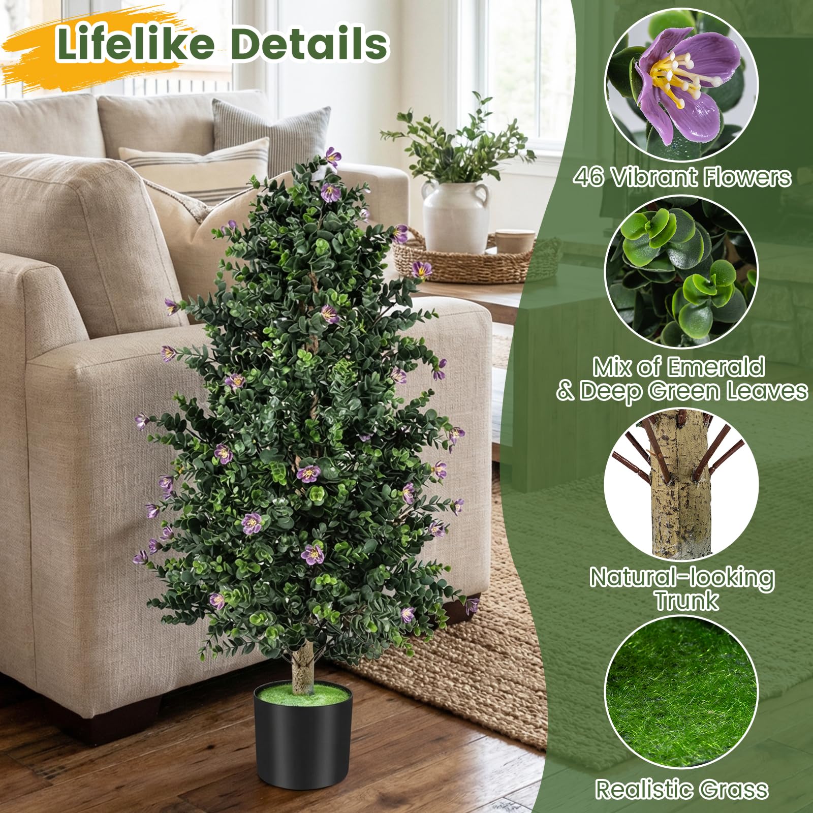 Goplus 2 Pack 36" Artificial Topiary Cone Tree w/49 Flowers - Image 7