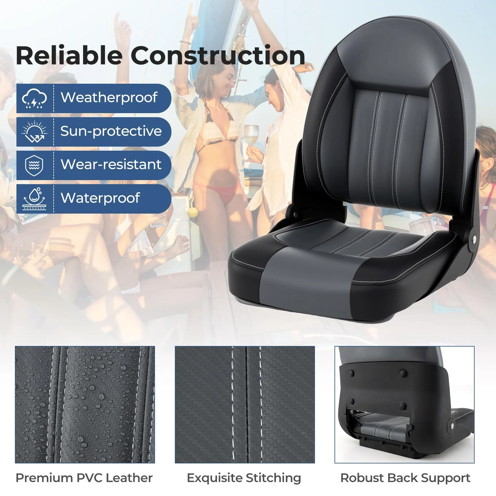 Goplus 2-Pack Folding High Back Boat Chairs | Waterproof PVC Leather Cabin Seating - Image 2