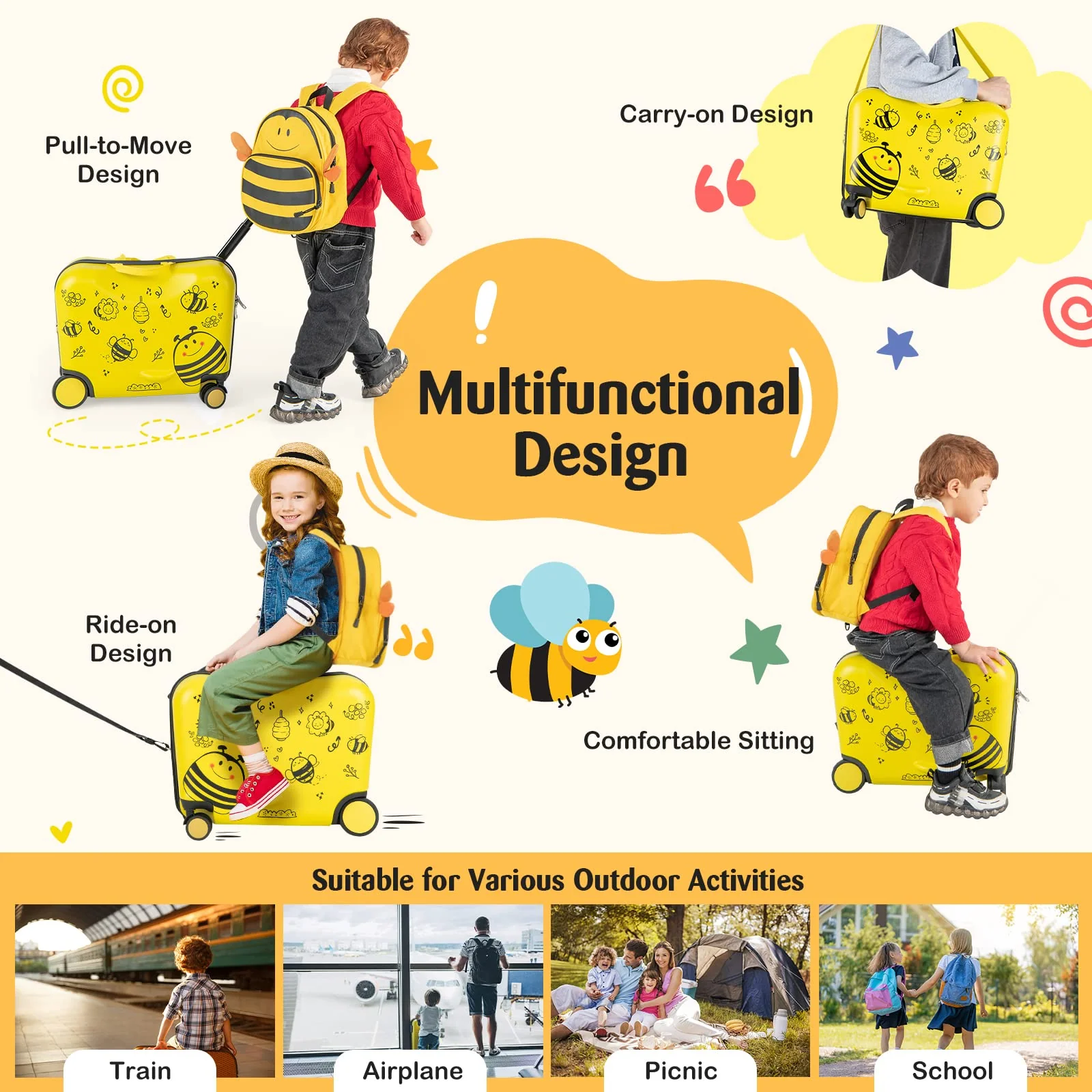 Goplus 2 PCS Kid Luggage Set, 18"Carry-on & Ride-on Suitcase W/Spinner Wheels - Image 2