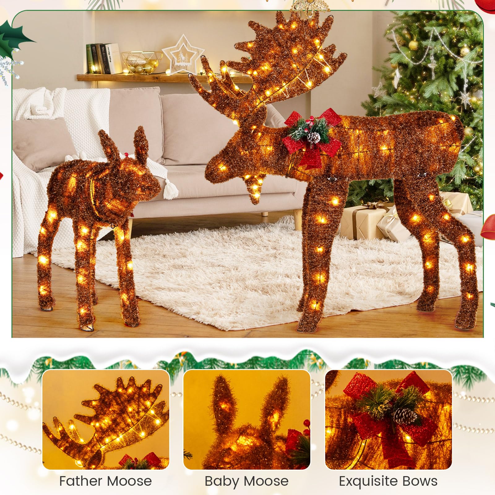 Goplus 2 Pieces Lighted Christmas Moose Family, Light-up Xmas Deer Decorations with 170 LED Lights - Image 6