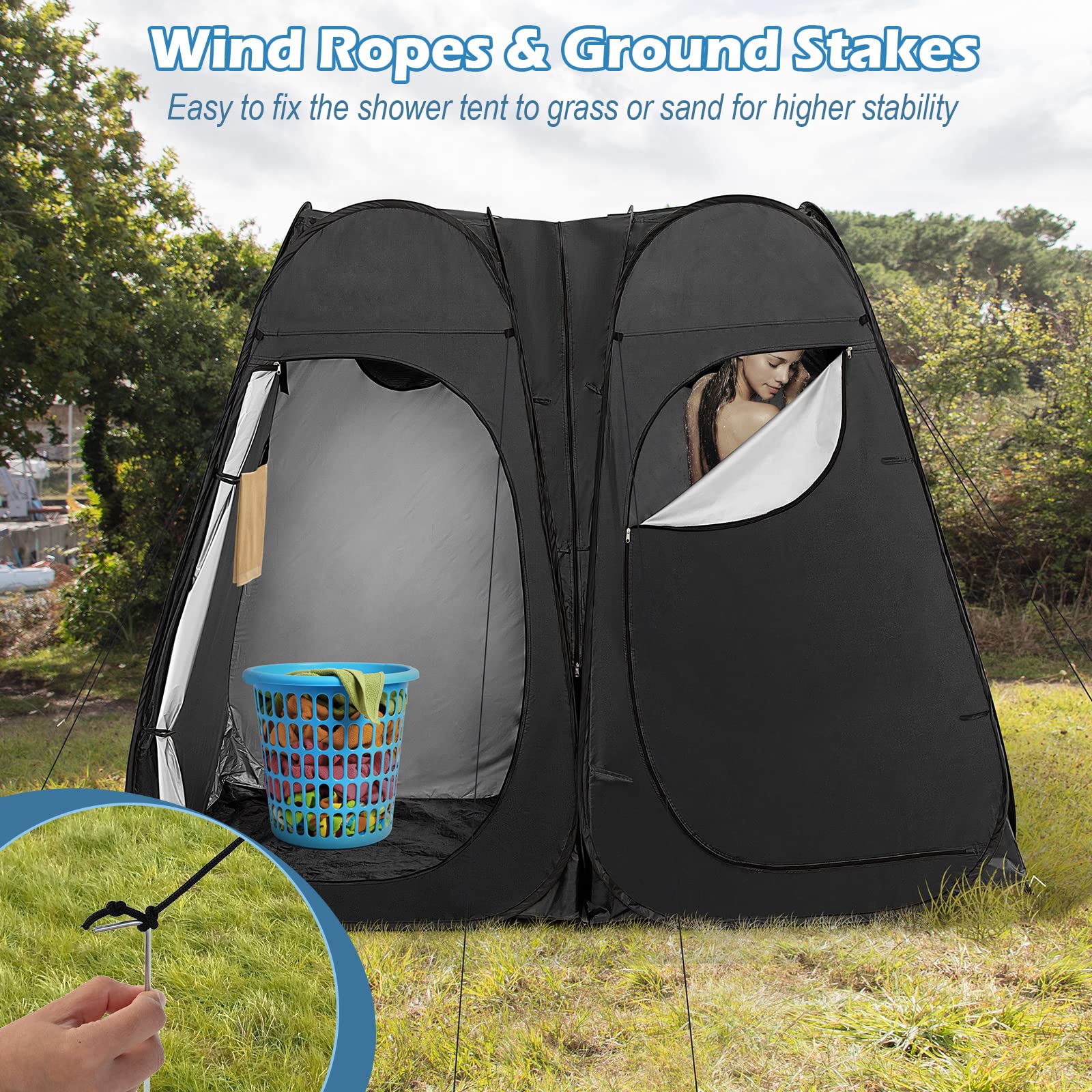 Goplus 2 Room Pop Up Shower Tent, 7.5FT Changing Tent with Ground Stake, Wind Rope, Carry Bag - Image 6