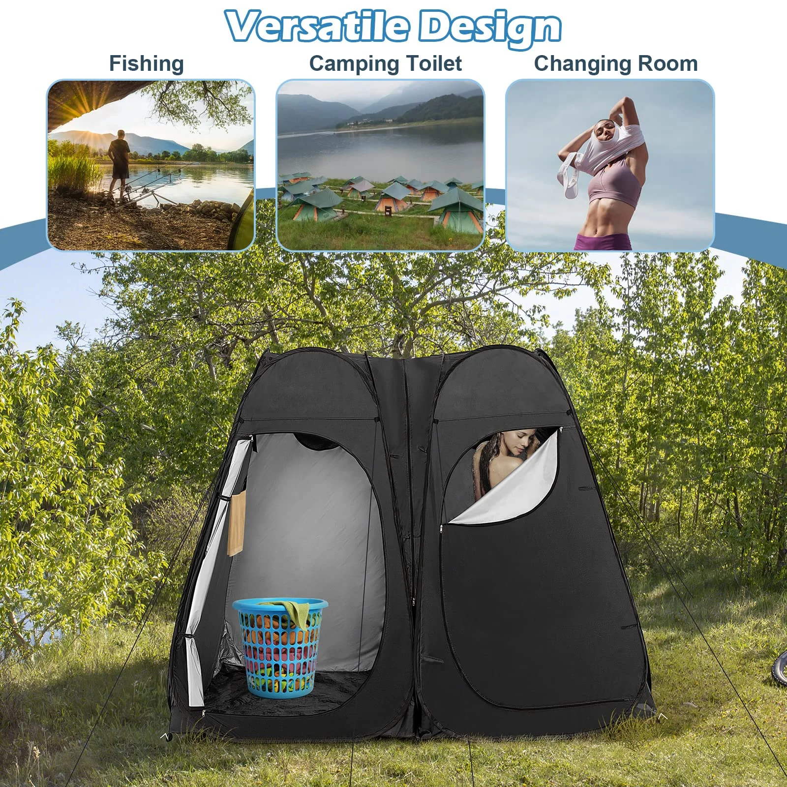 Goplus 2 Room Pop Up Shower Tent, 7.5FT Changing Tent with Ground Stake, Wind Rope, Carry Bag - Image 9