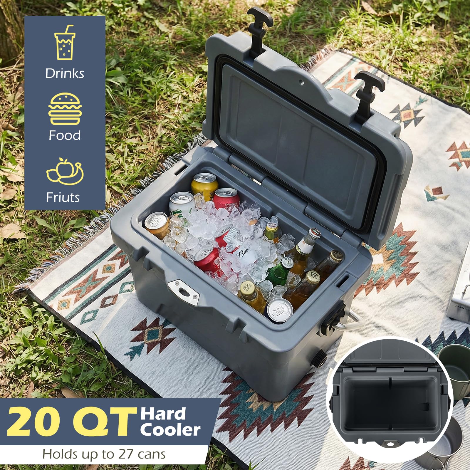 Goplus 20QT Insulated Ice Chest w/Portable Handles Cup Holders Ruler for Camping Fishing - Image 6
