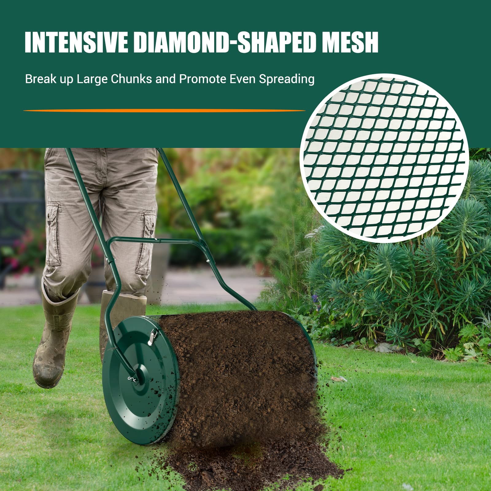 Goplus 27" Compost Spreader, Peat Moss Spreader, Heavy Duty Metal Mesh Lawn Roller - Image 5