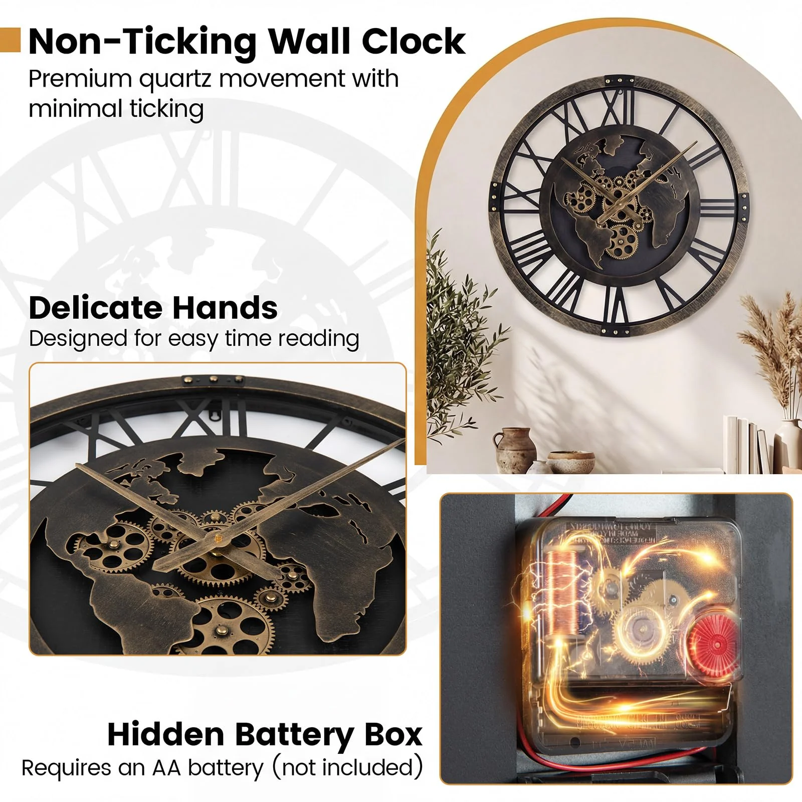 Goplus 27" Gear Clock with World Map | Non-Ticking Decorative Metal Clock with Moving Gears - Image 5