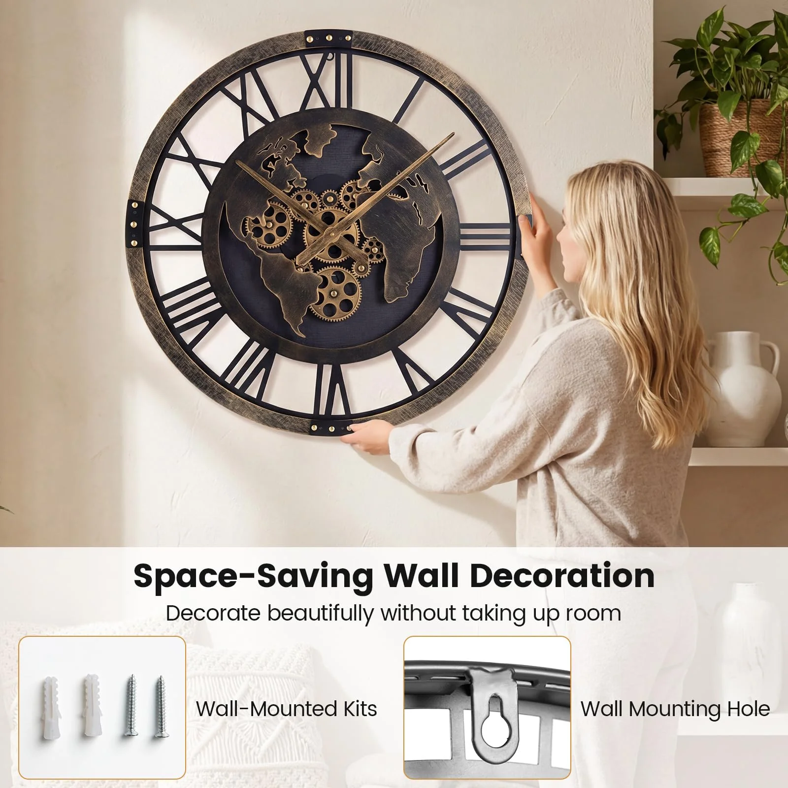 Goplus 27" Gear Clock with World Map | Non-Ticking Decorative Metal Clock with Moving Gears - Image 7