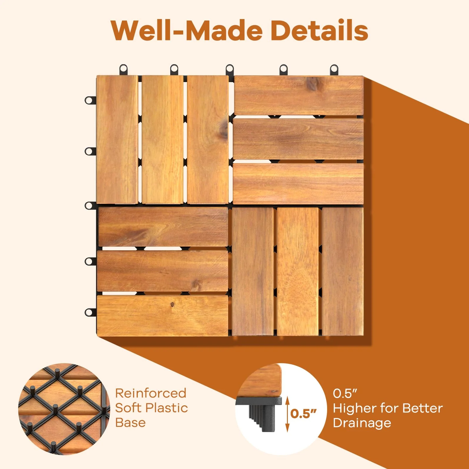 Goplus 27 PCS Interlocking Patio Deck Tile 12” x 12” Acacia Wood Patio Tiles - Image 6