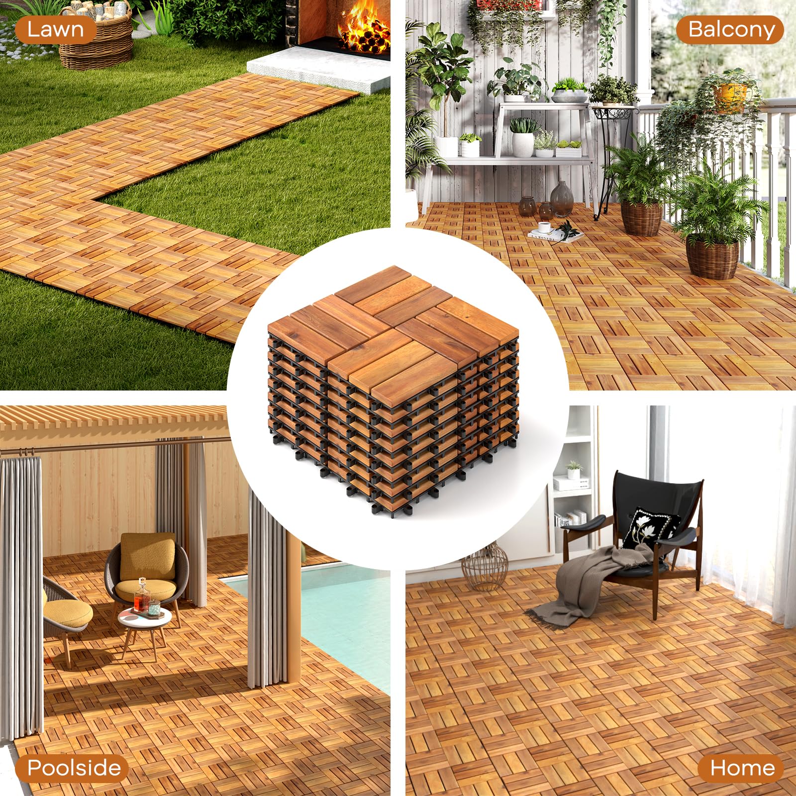 Goplus 27 PCS Interlocking Patio Deck Tile 12” x 12” Acacia Wood Patio Tiles - Image 8