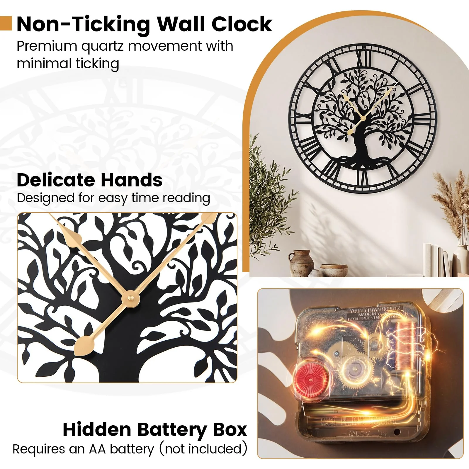 Goplus  27" Tree of Life Big Metal Wall Clock | Battery-Operated Wall Decoration - Image 4