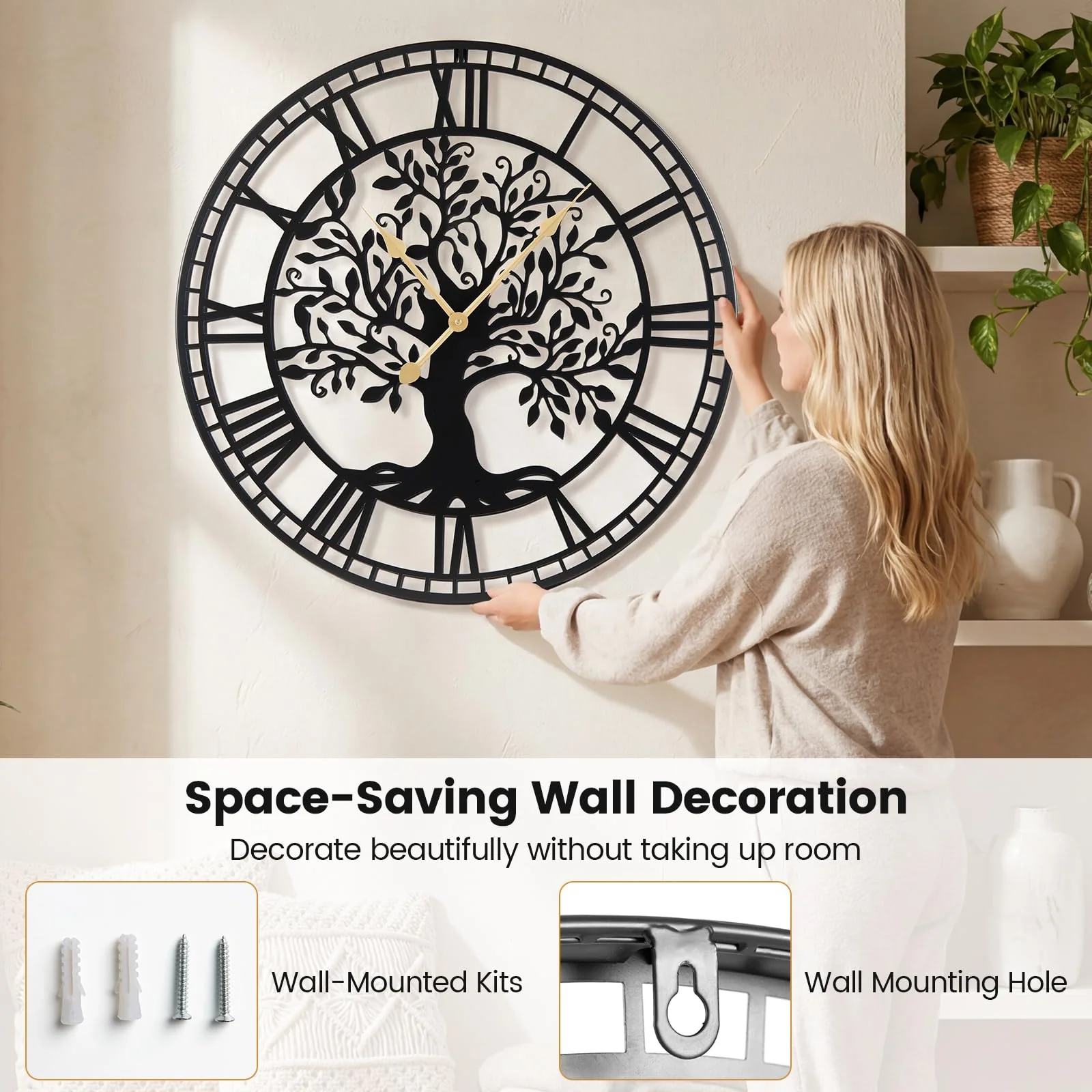 Goplus  27" Tree of Life Big Metal Wall Clock | Battery-Operated Wall Decoration - Image 5