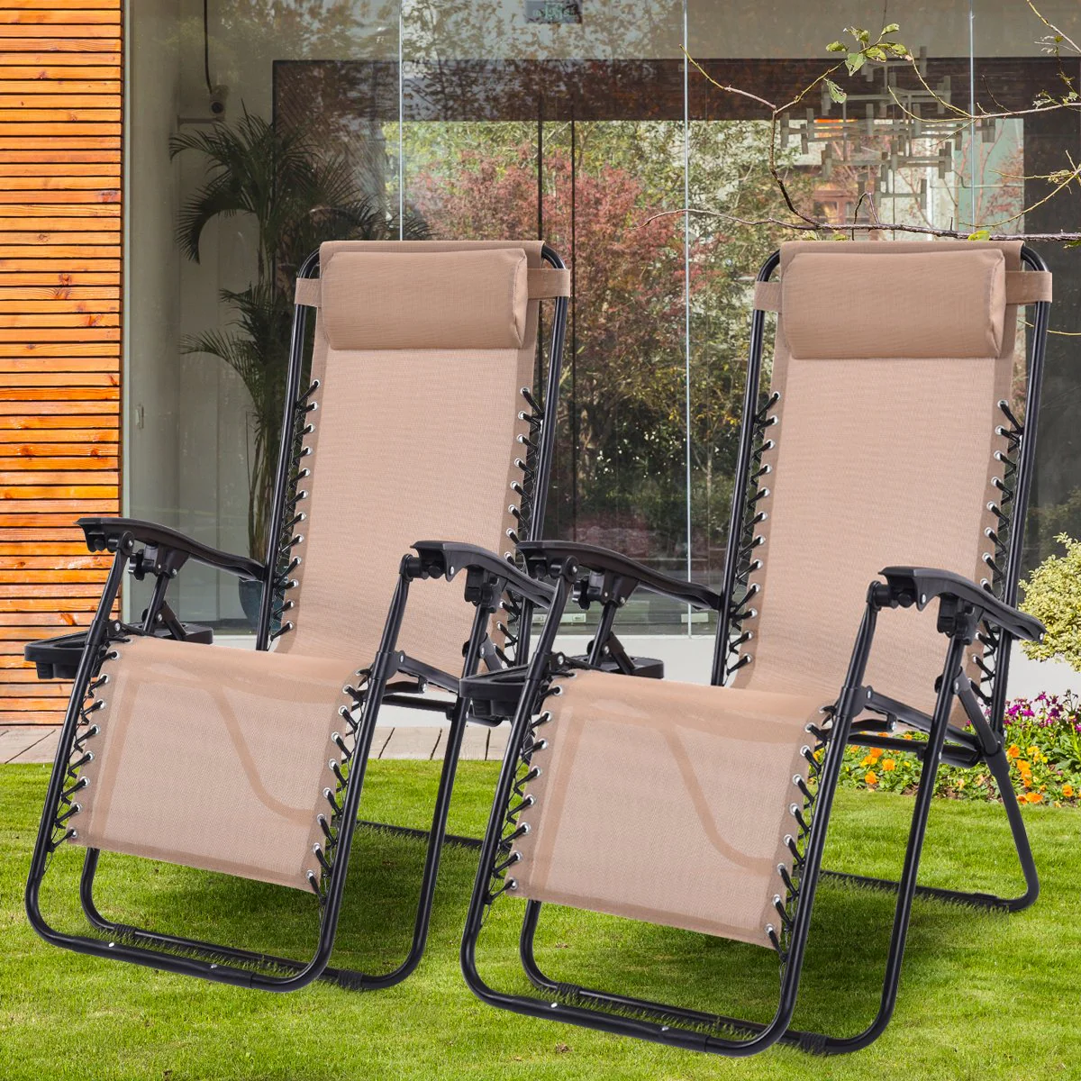 Goplus 2PC Zero Gravity Chairs Lounge Patio Folding Recliner - Image 2