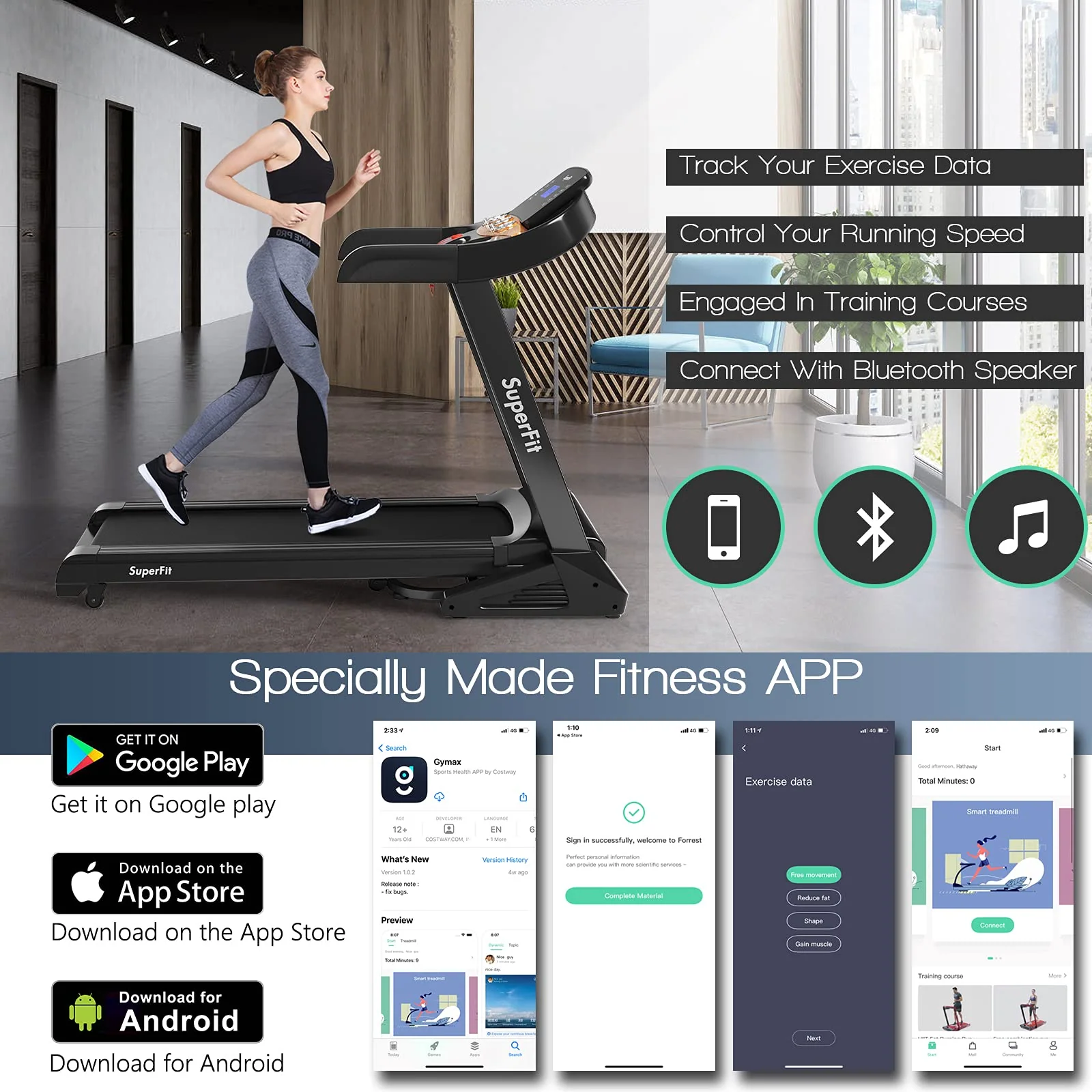 Goplus 3.75HP Folding Treadmill with Incline, Electric Superfit Treadmill w/App Control, 12 Preset & 3 Custom Programs - Image 4