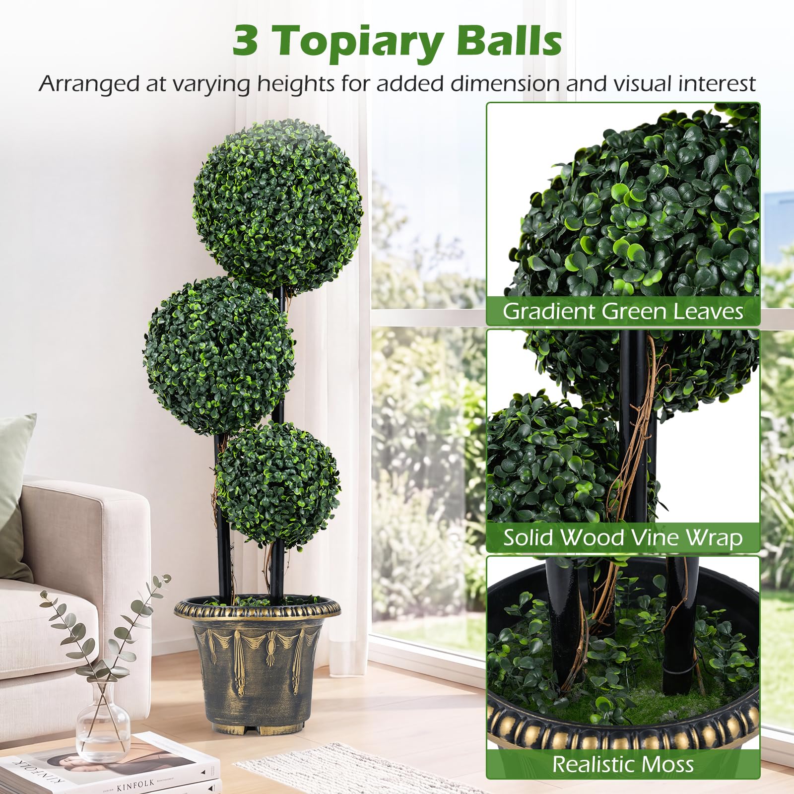 Goplus 3 FT Artificial Boxwood Topiary Tree Sun-Protective Triple Ball Fake Plants Shrubs (1/2 Pack) - Image 8