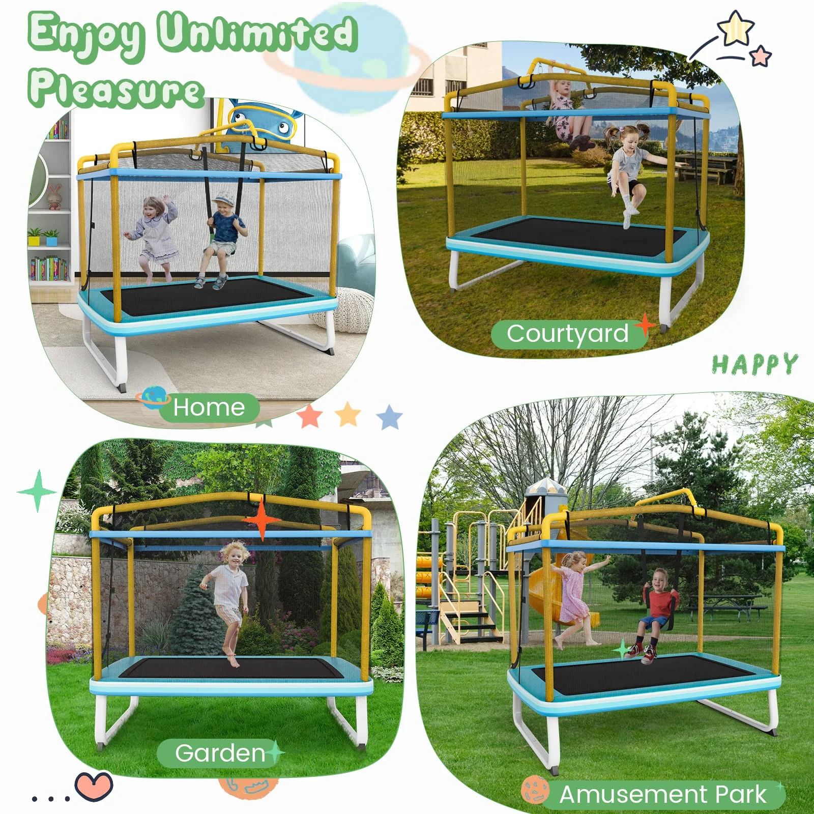 Goplus 3-in-1 6FT Kids Trampoline with Swing and Horizontal Bar, Mini Toddler Trampoline w/ Enclosure Safety Net - Image 16